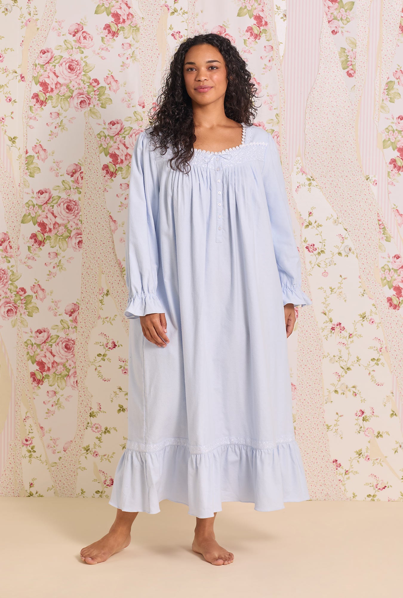 A lady wearing white Long Sleeve Cotton Flannel Embroidery Long Nightgown 