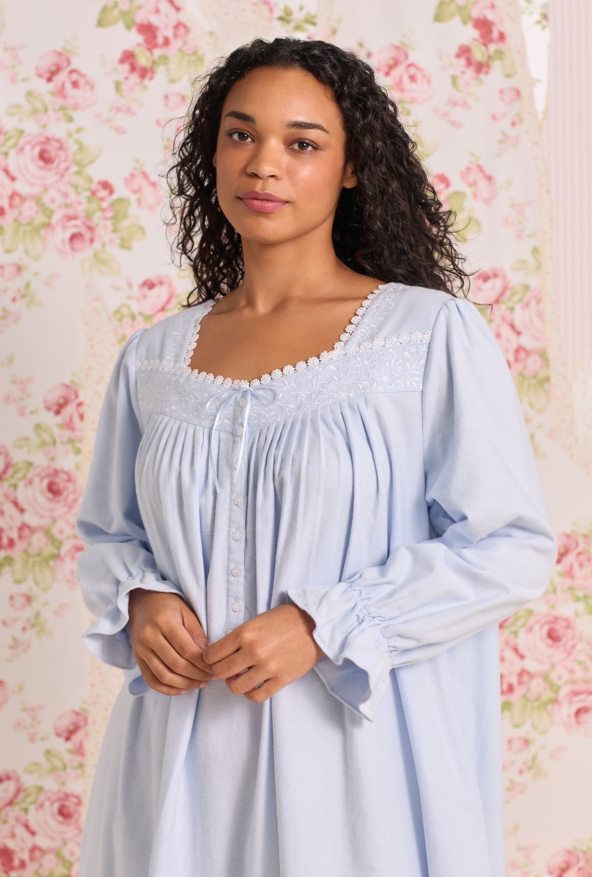 A lady wearing white Long Sleeve Cotton Flannel Embroidery Long Nightgown 