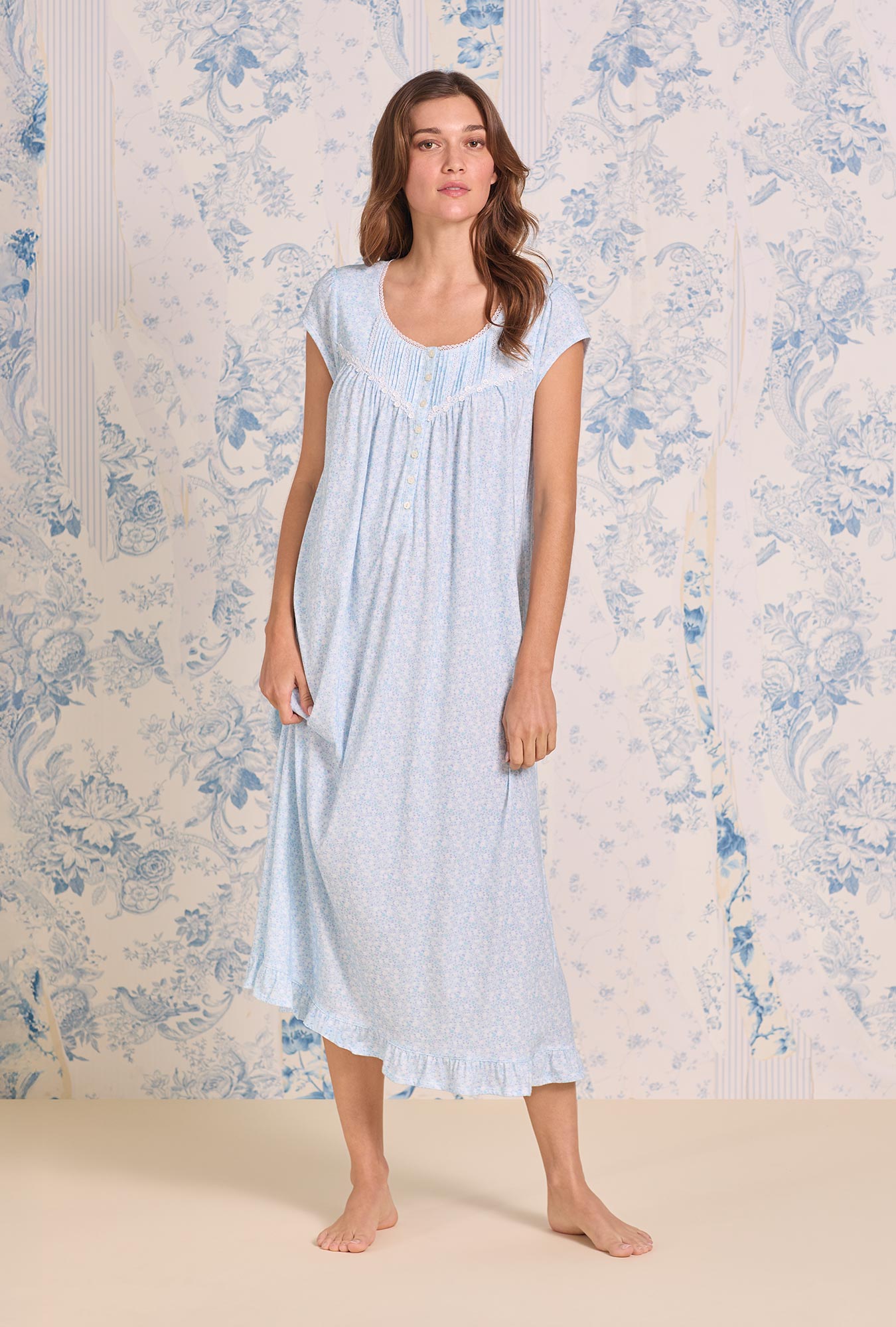 A lady wearing Aqua Petals Cotton Knit Cap Sleeve Ballet Nightgown