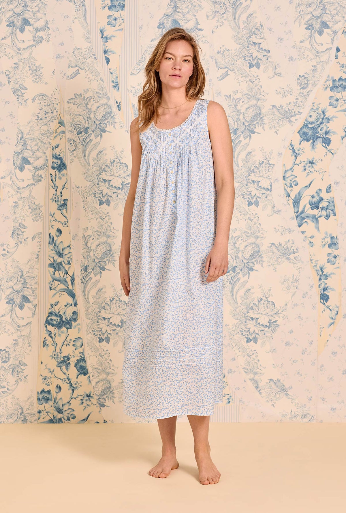 A lady is wearing Pacific Petal Cotton Lawn Ballet Nightgown