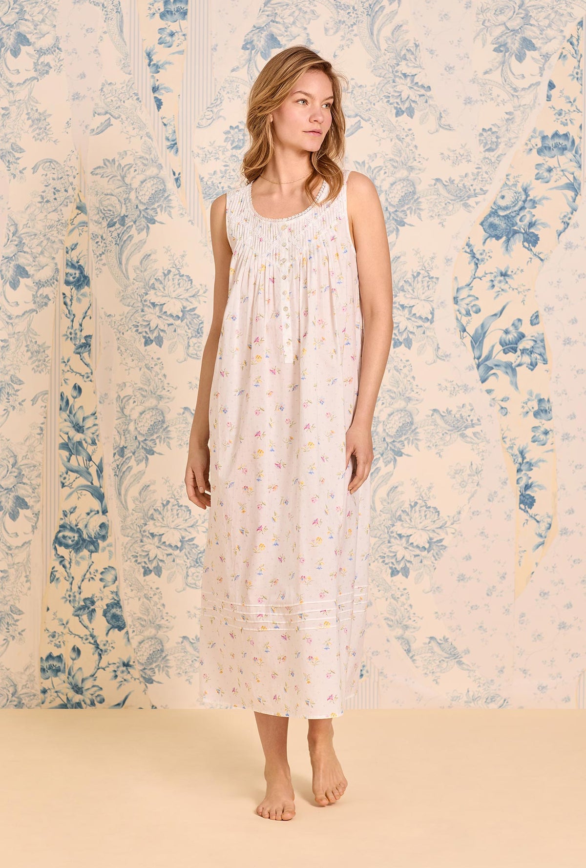 A lady wearing Cottage Posies Cotton Lawn Ballet Nightgown
