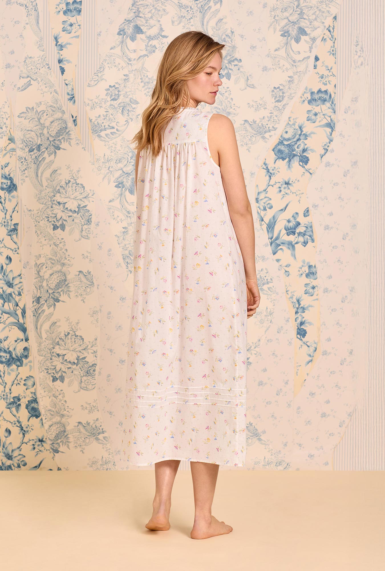 A lady wearing Cottage Posies Cotton Lawn Ballet Nightgown