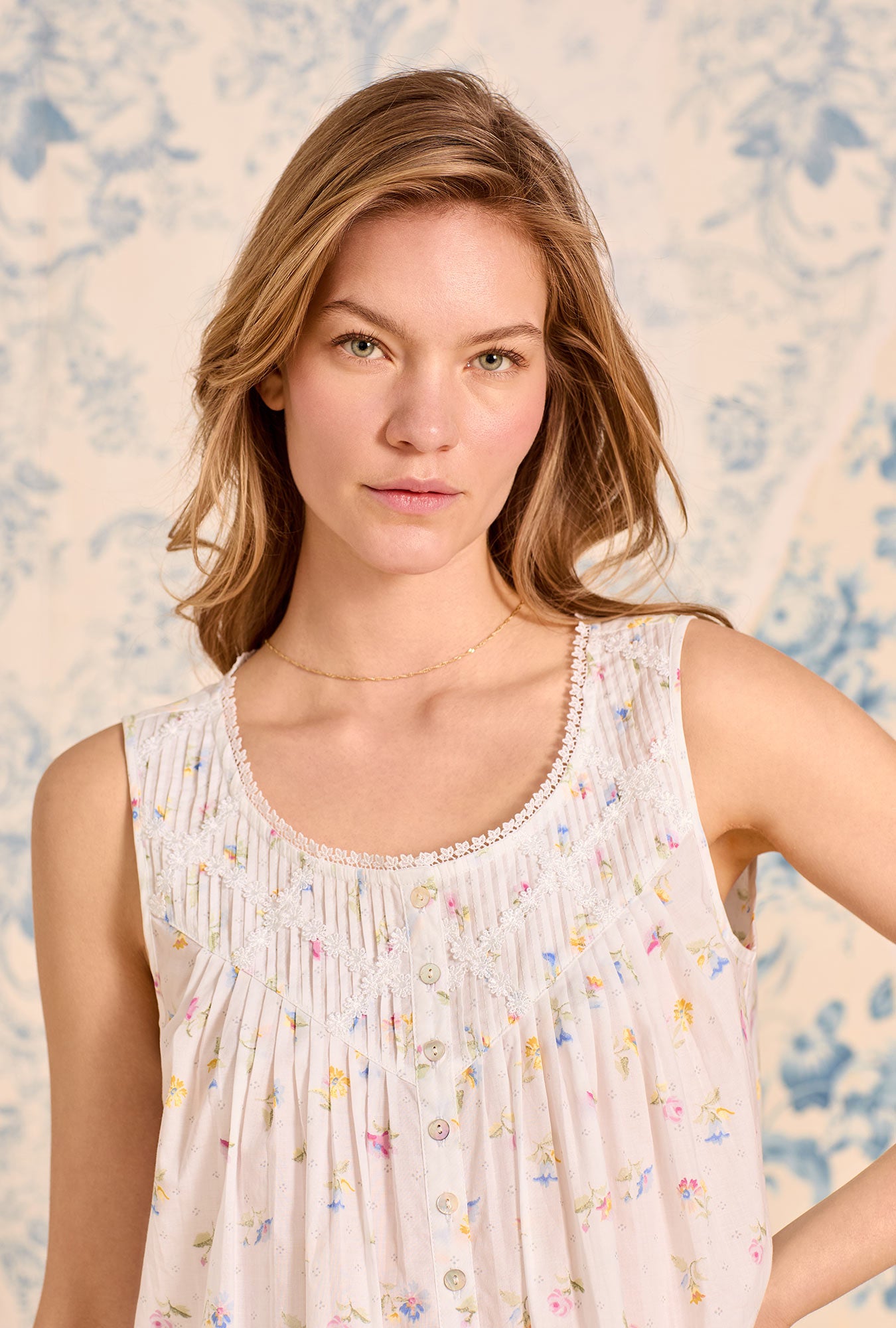 A lady wearing Cottage Posies Cotton Lawn Ballet Nightgown