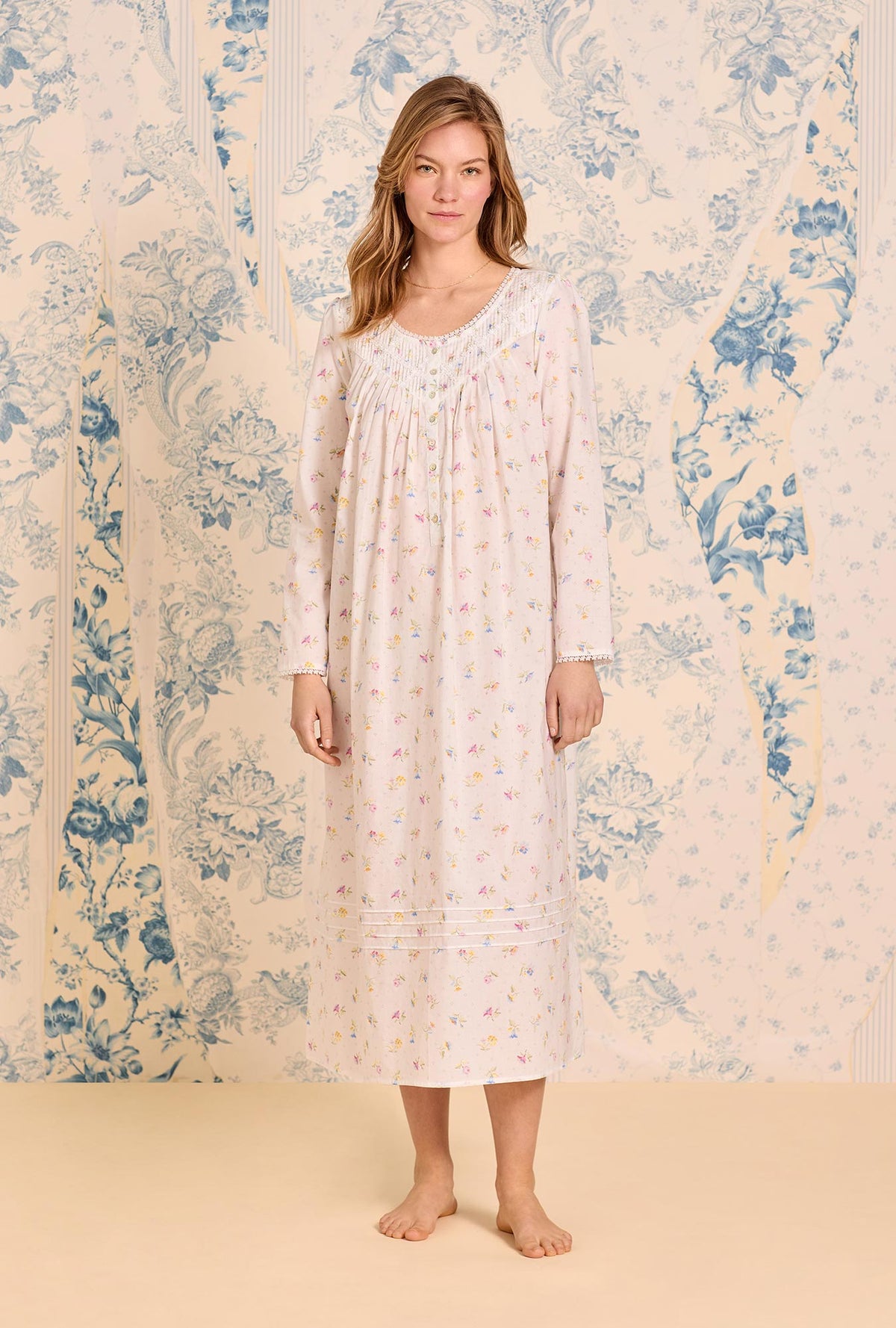 A lady wearing Cottage Posies Cotton Lawn Long Sleeve Ballet Nightgown