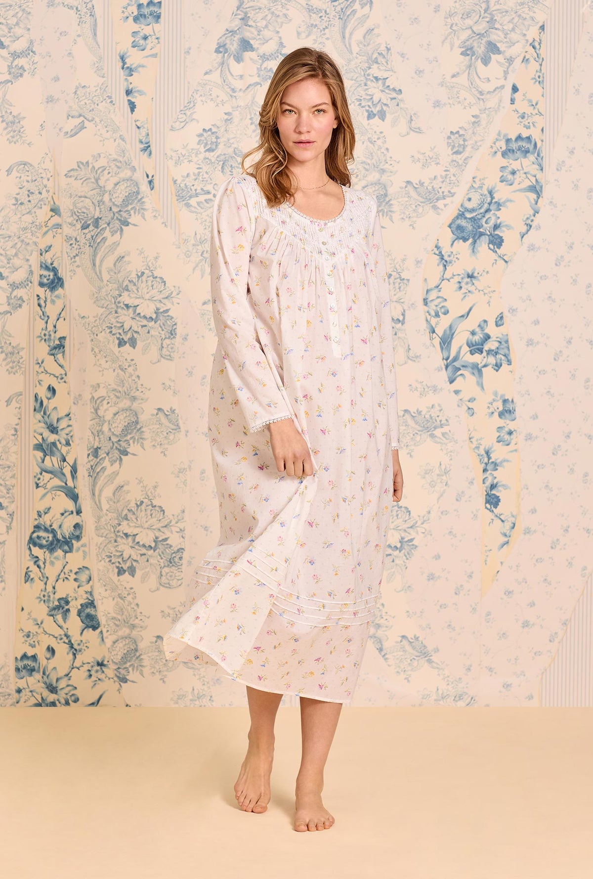 A lady wearing Cottage Posies Cotton Lawn Long Sleeve Ballet Nightgown