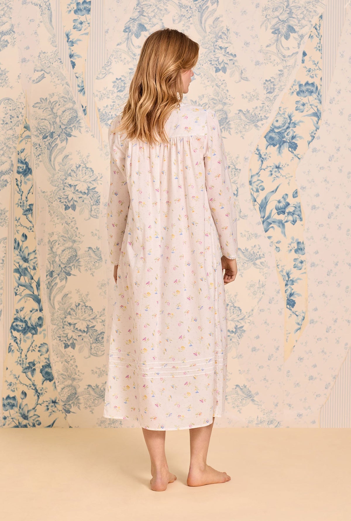 A lady wearing Cottage Posies Cotton Lawn Long Sleeve Ballet Nightgown
