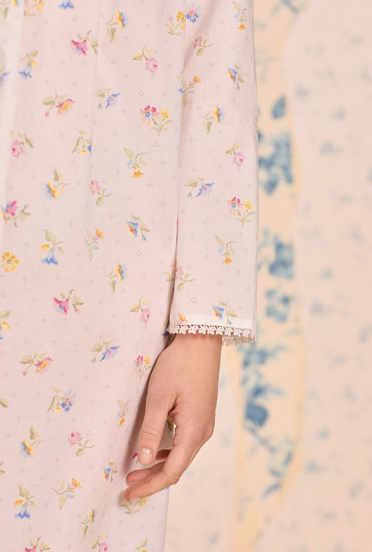 A lady wearing Cottage Posies Cotton Lawn Long Sleeve Ballet Nightgown