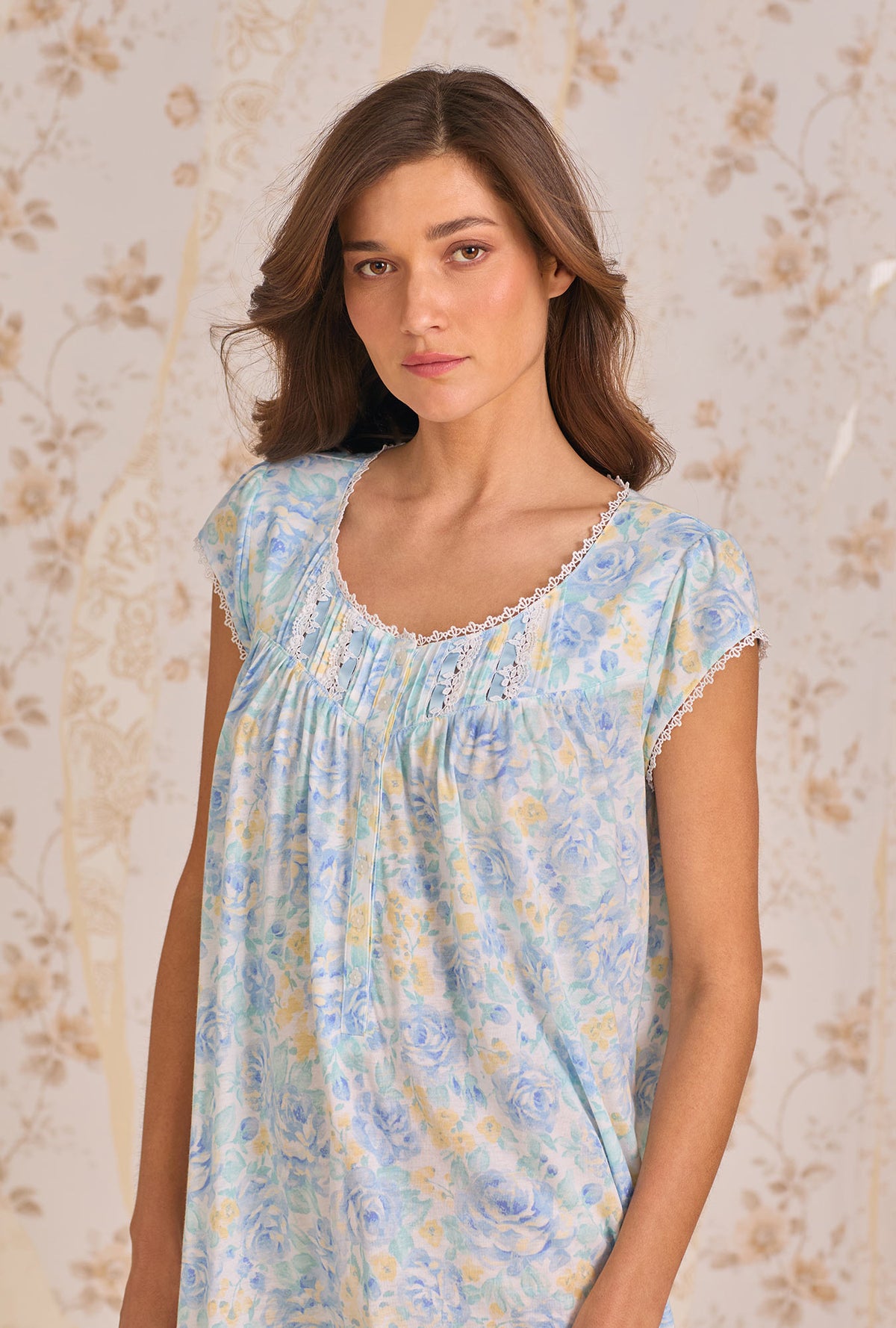 A lady wearing Cerulean Floral Waltz Nightgown closer look