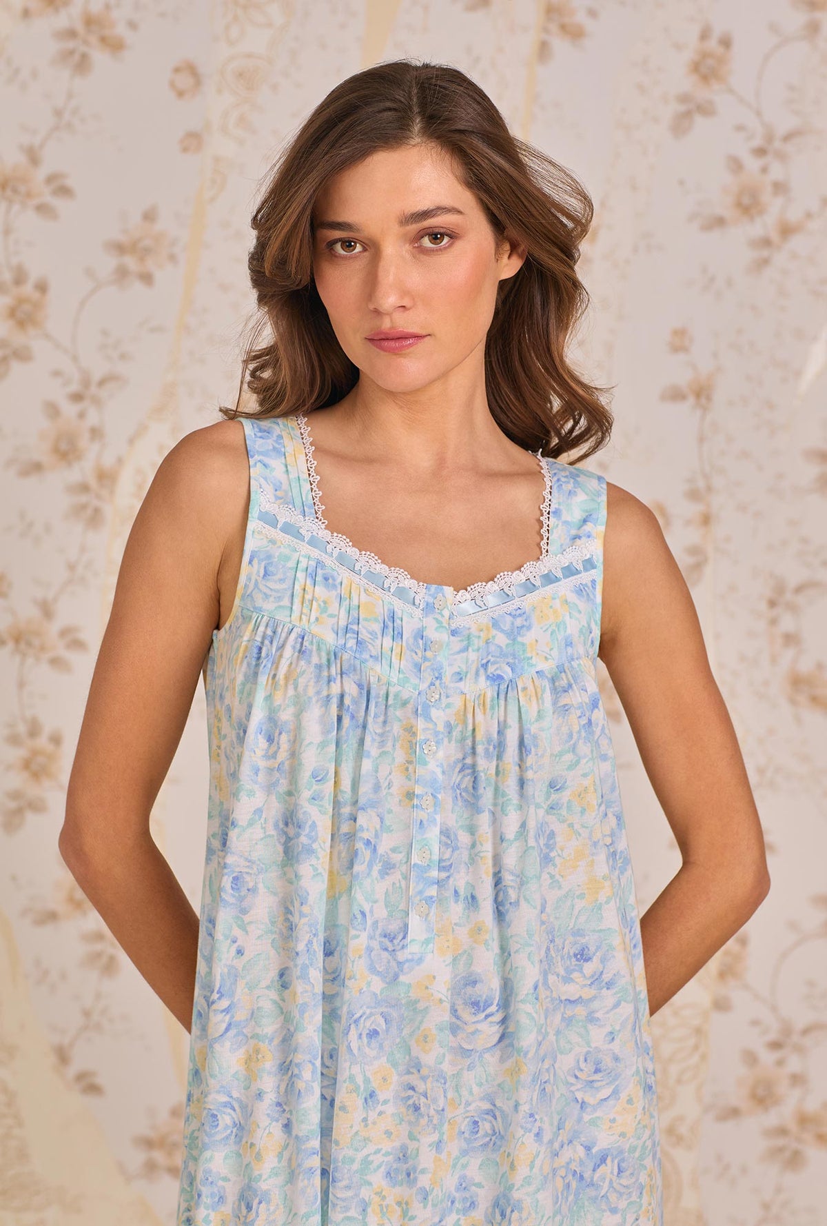 A lady wearing The Eileen Cerulean Floral Nightgown closer look