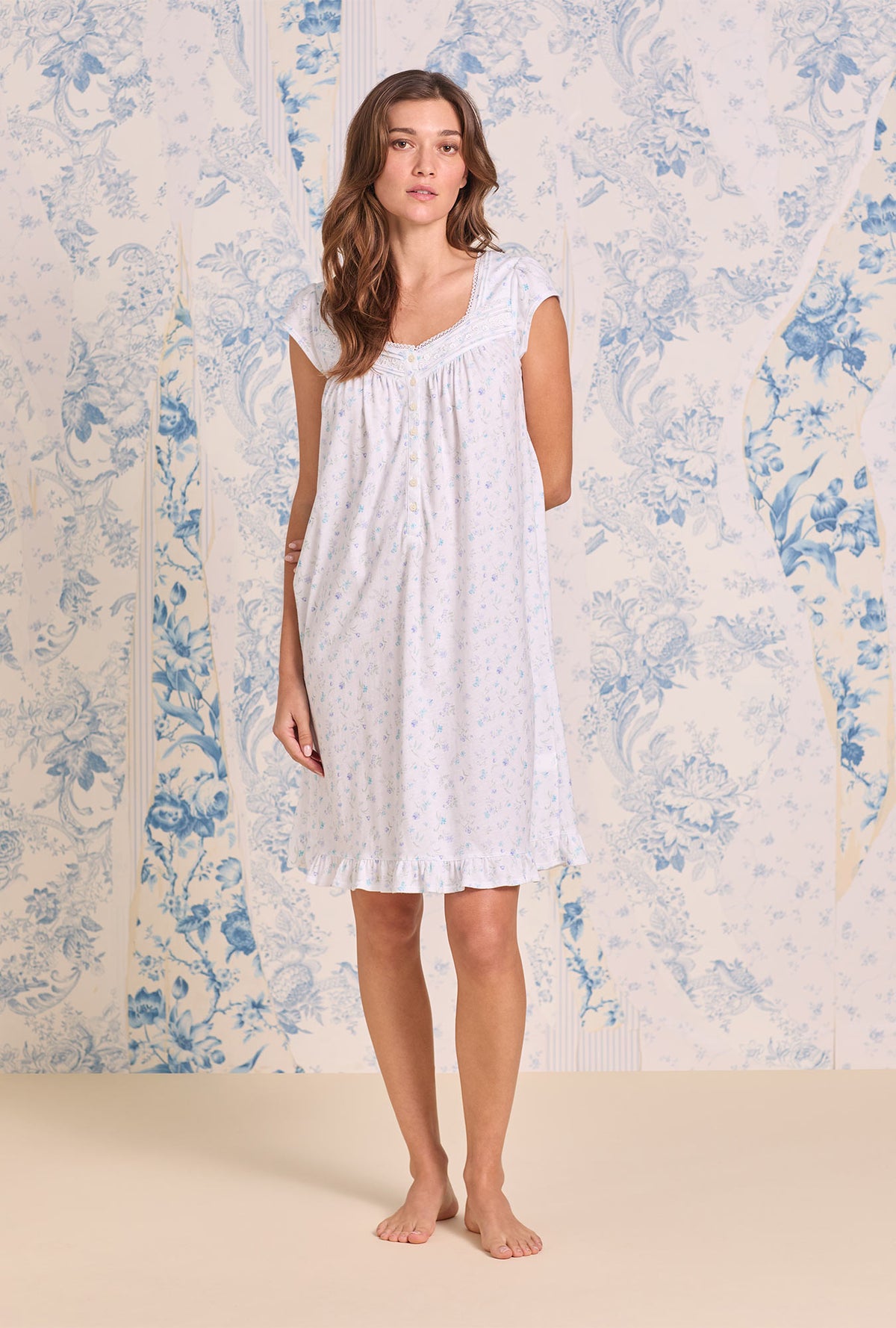 A lady wearing White Meadow Cotton Knit Cap Sleeve Waltz Nightgown looking front