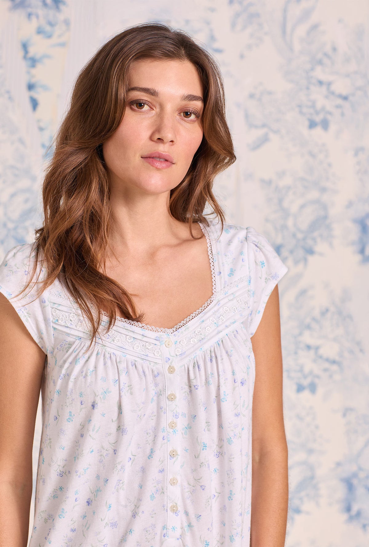 A lady wearing White Meadow Cotton Knit Cap Sleeve Waltz Nightgown closer look