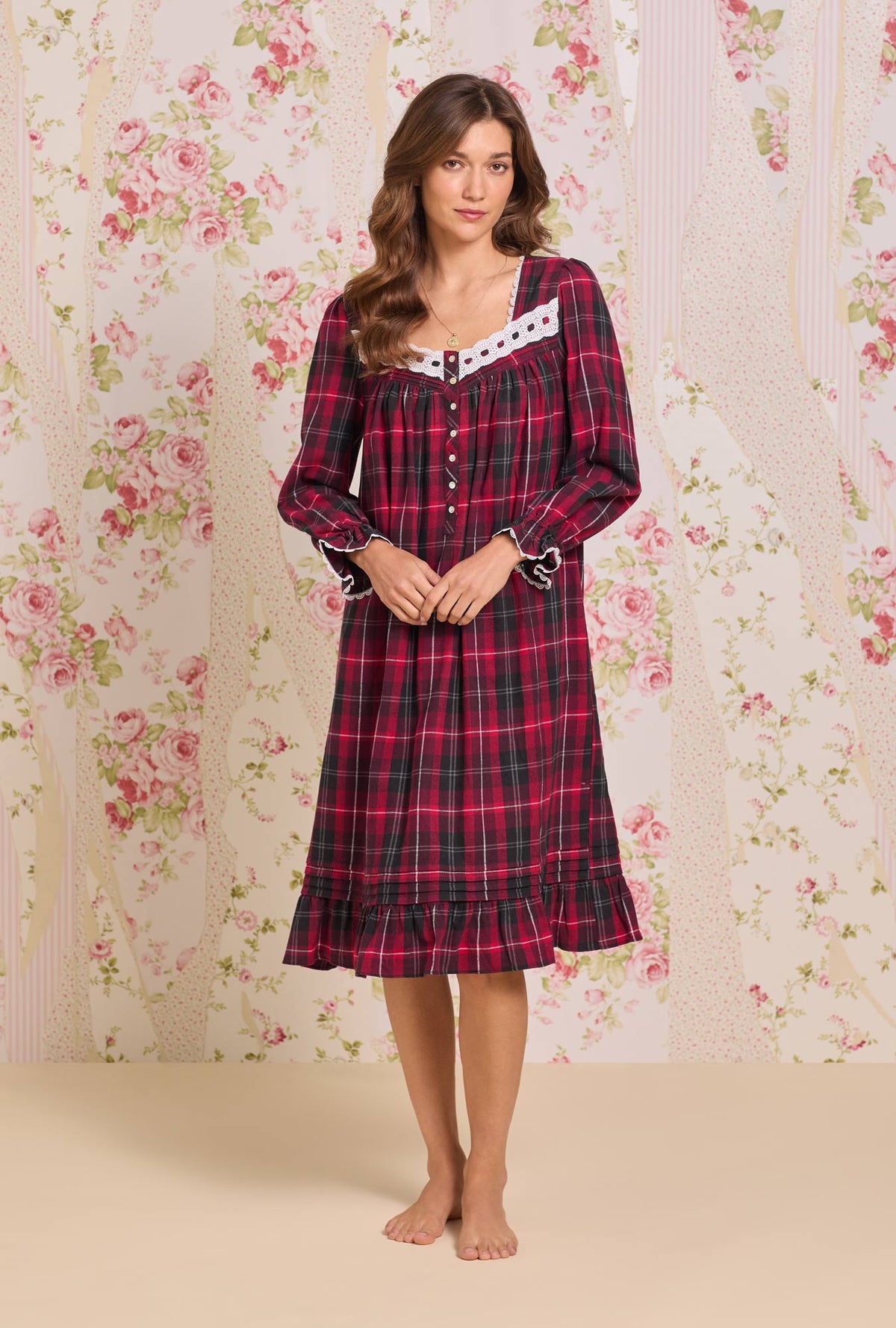 A lady wearing Victorian Holiday Plaid Cotton Flannel Long Sleeve Waltz Nightgown