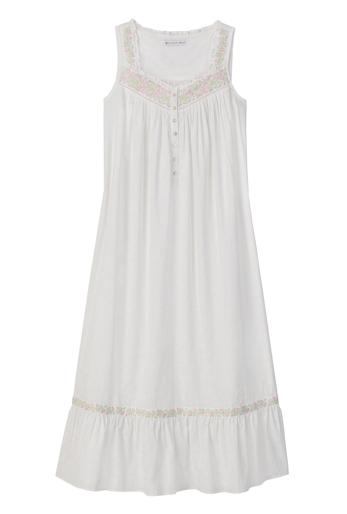 White sleeveless eileen cotton nightgown with garden rose embroidered pattern.