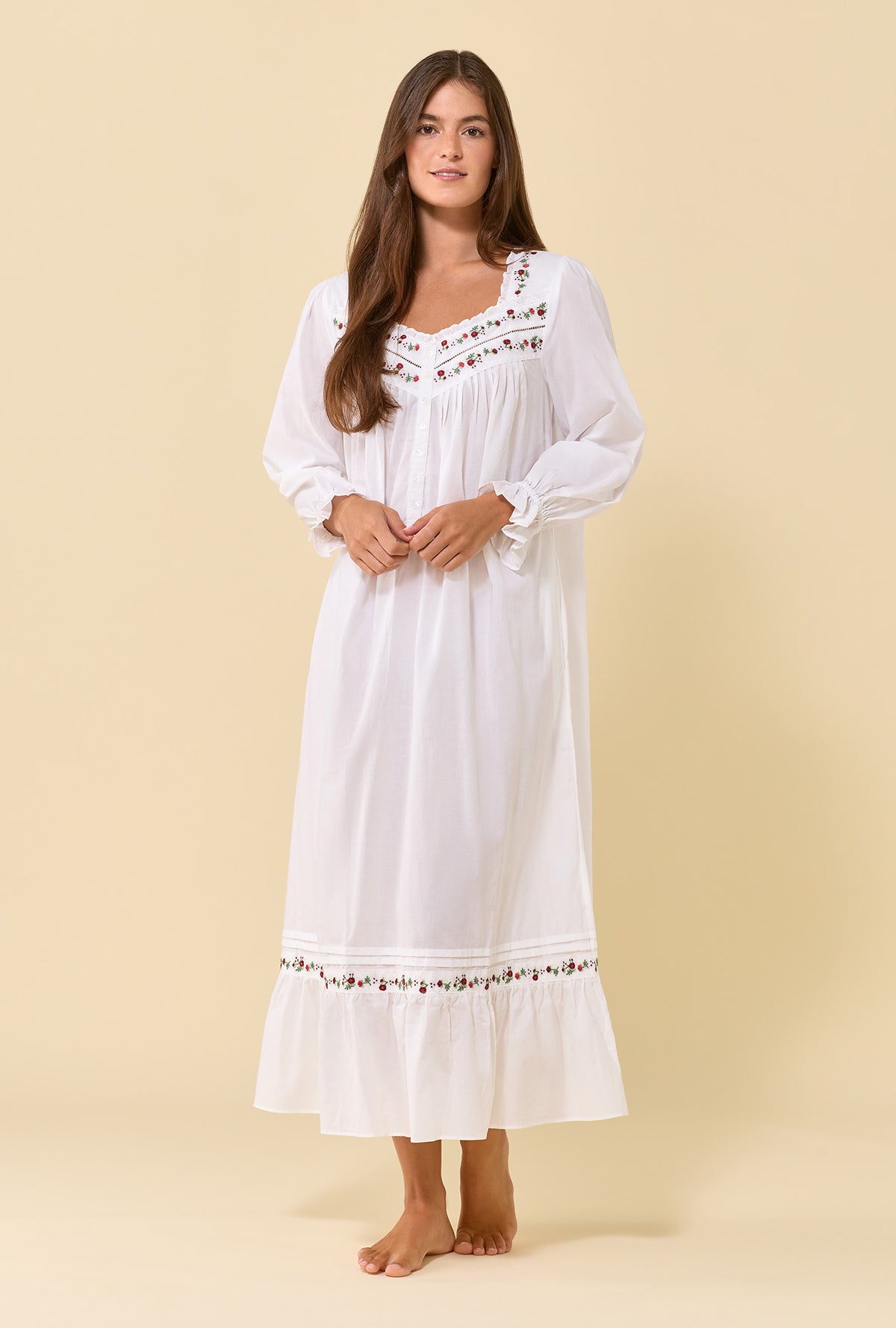 Soft White 100% Cotton Woven Lawn Rosevine Embroidered Long Sleeve Nightgown