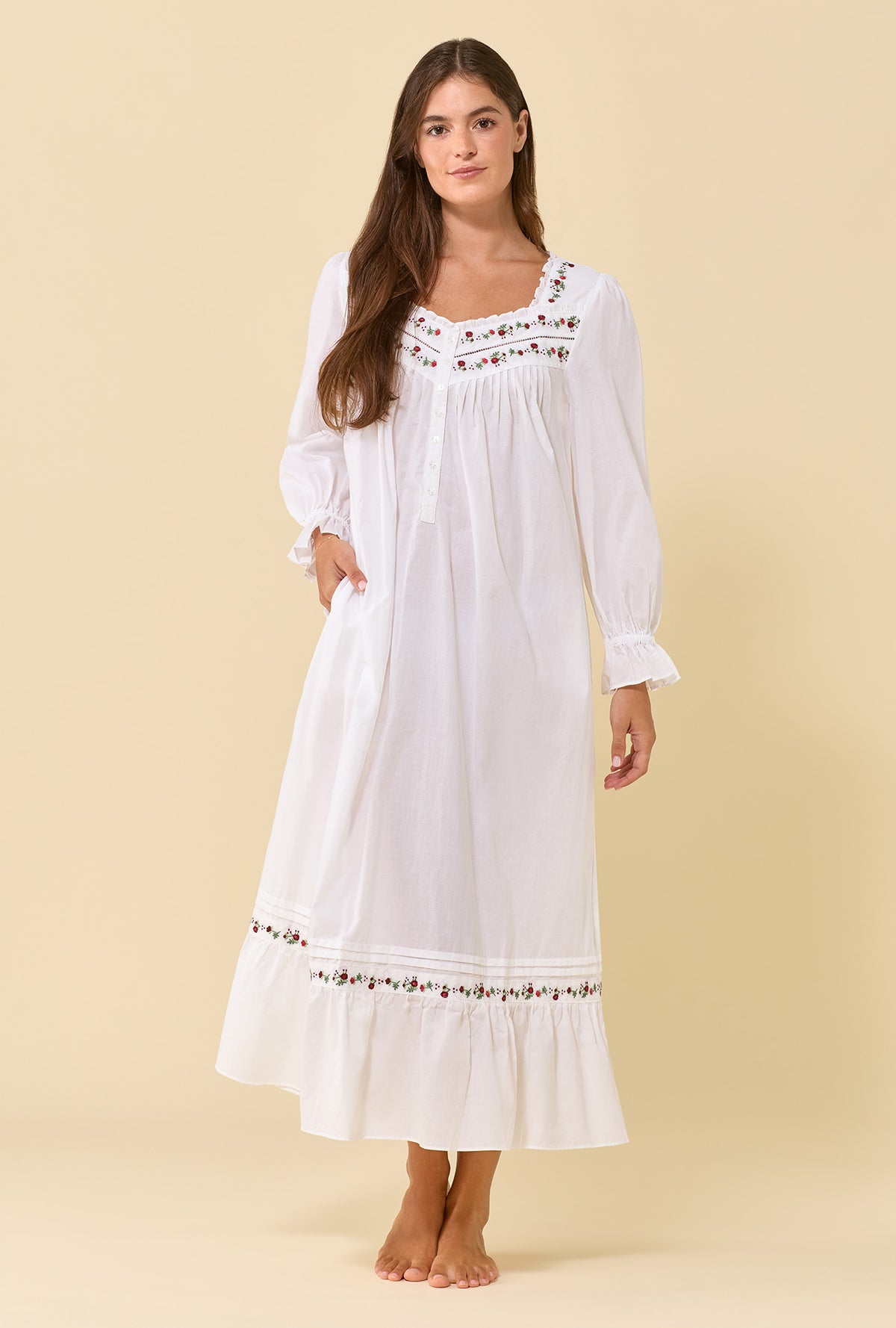 Soft White 100% Cotton Woven Lawn Rosevine Embroidered Long Sleeve Nightgown