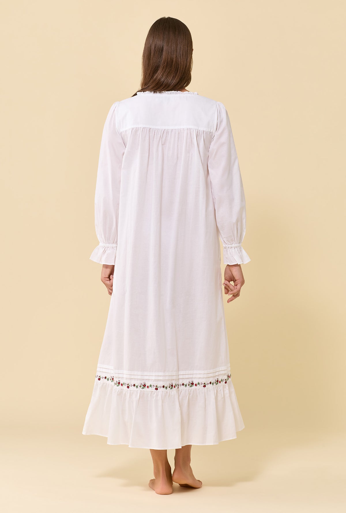 Soft White 100% Cotton Woven Lawn Rosevine Embroidered Long Sleeve Nightgown