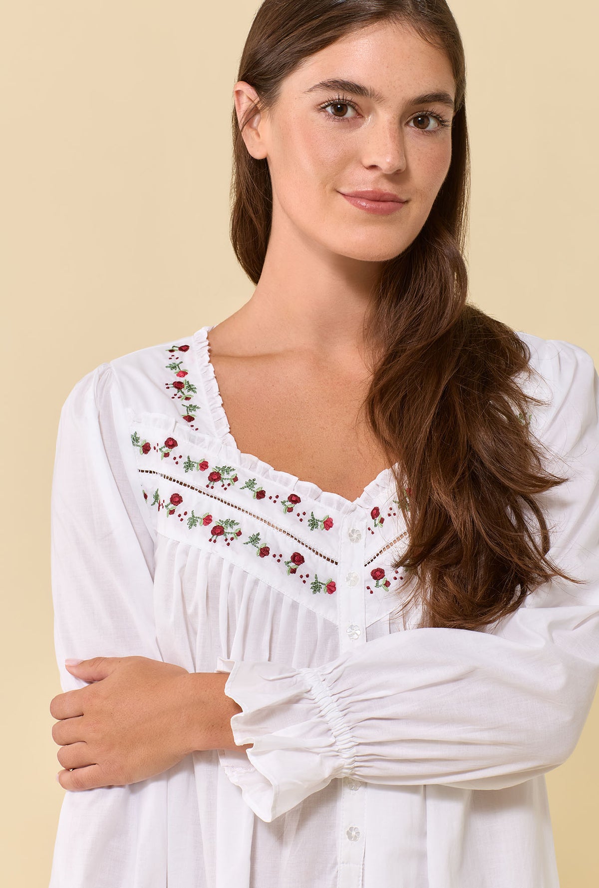 Soft White 100% Cotton Woven Lawn Rosevine Embroidered Long Sleeve Nightgown