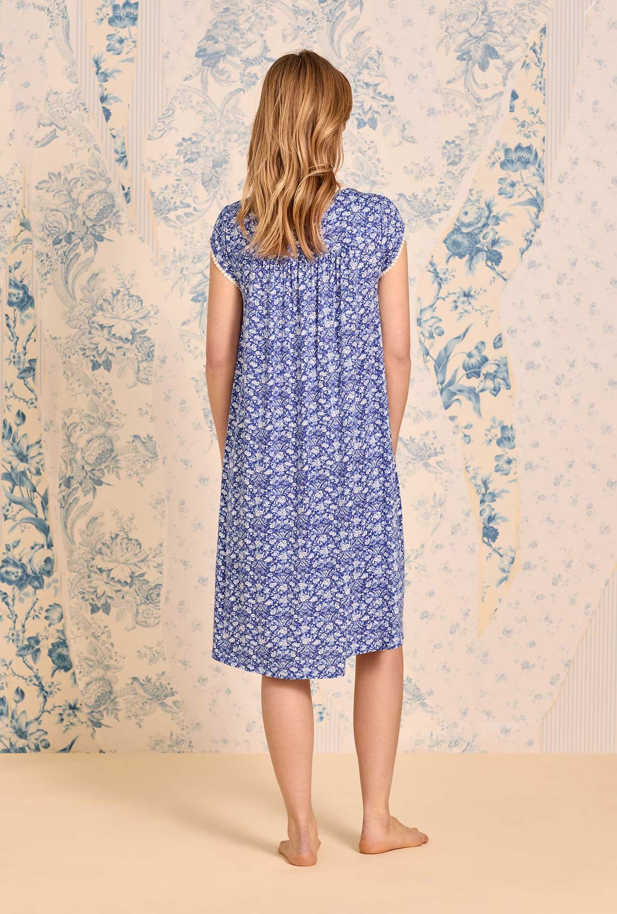 a lady wearing Bluebriar Cap Sleeve Cotton Modal Waltz Nightgown
