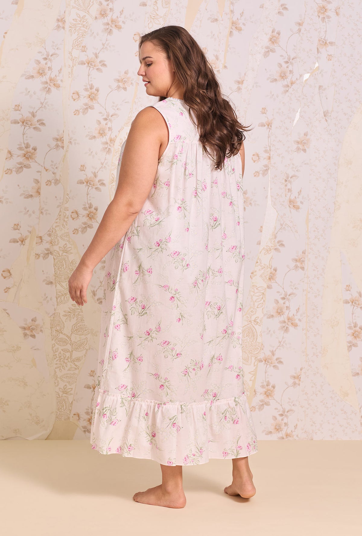 A Lady Wearing Plus Size The "Eileen" Vintage Bouquet Cotton Lawn Ballet Nightgown Side Angle Back view