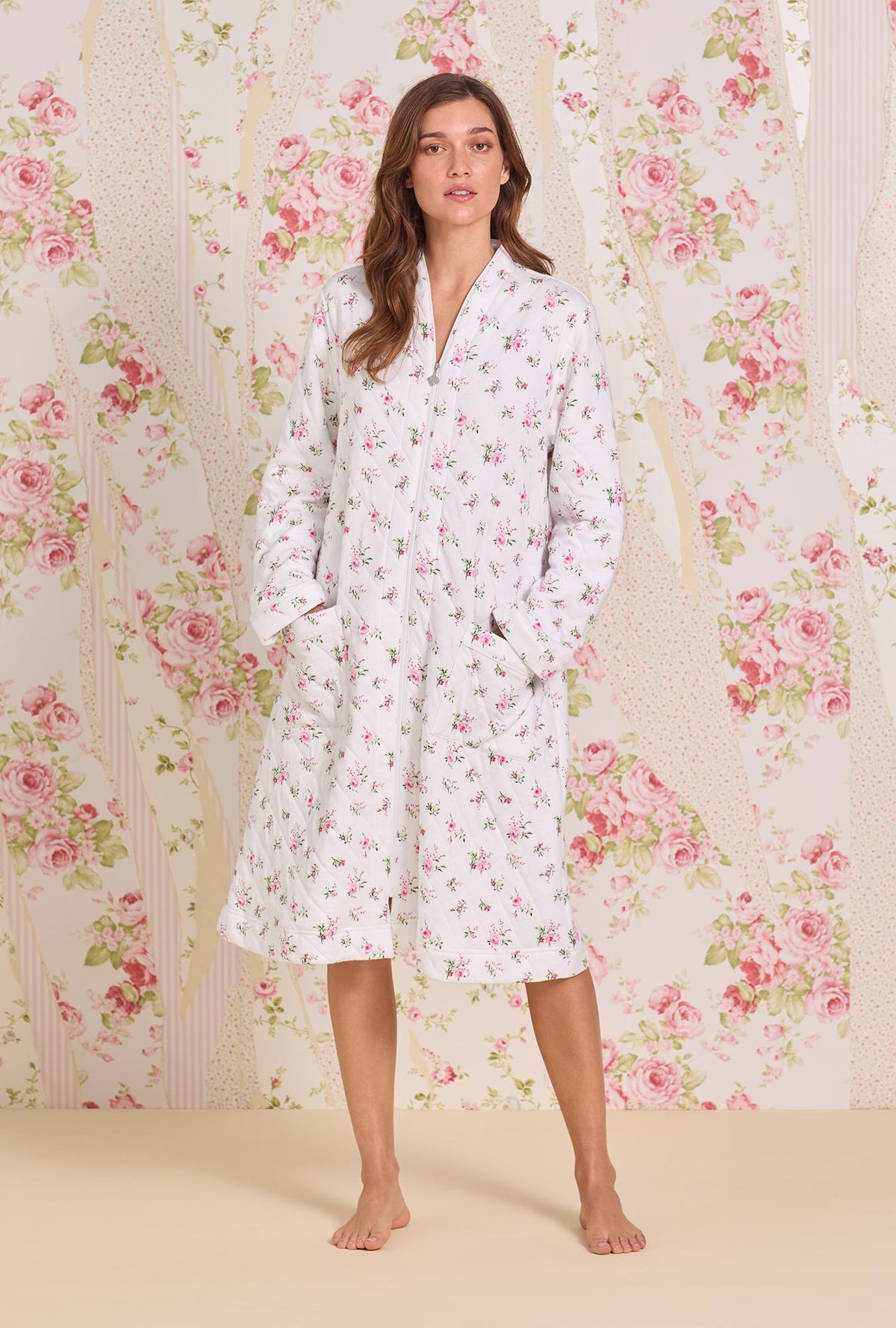 A lady wearing Rose Whispers Diamond Jacquard Zip Robe