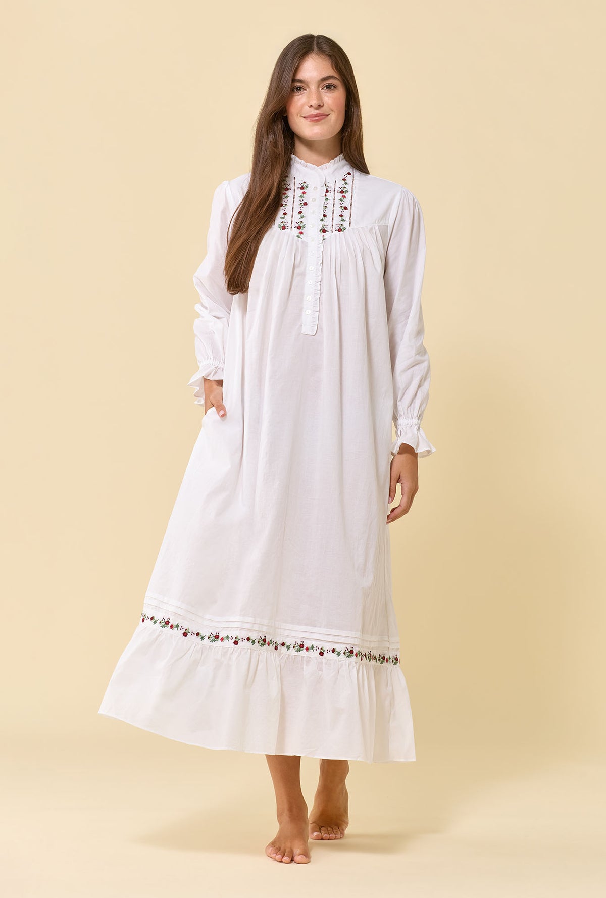 Soft White 100% Cotton Woven Lawn Rosevine Embroidered High Neck Long Sleeve Ballet Nightgown