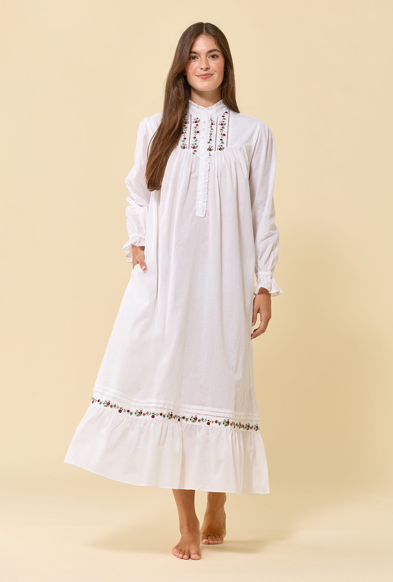 Soft White 100% Cotton Woven Lawn Rosevine Embroidered High Neck Long Sleeve Ballet Nightgown