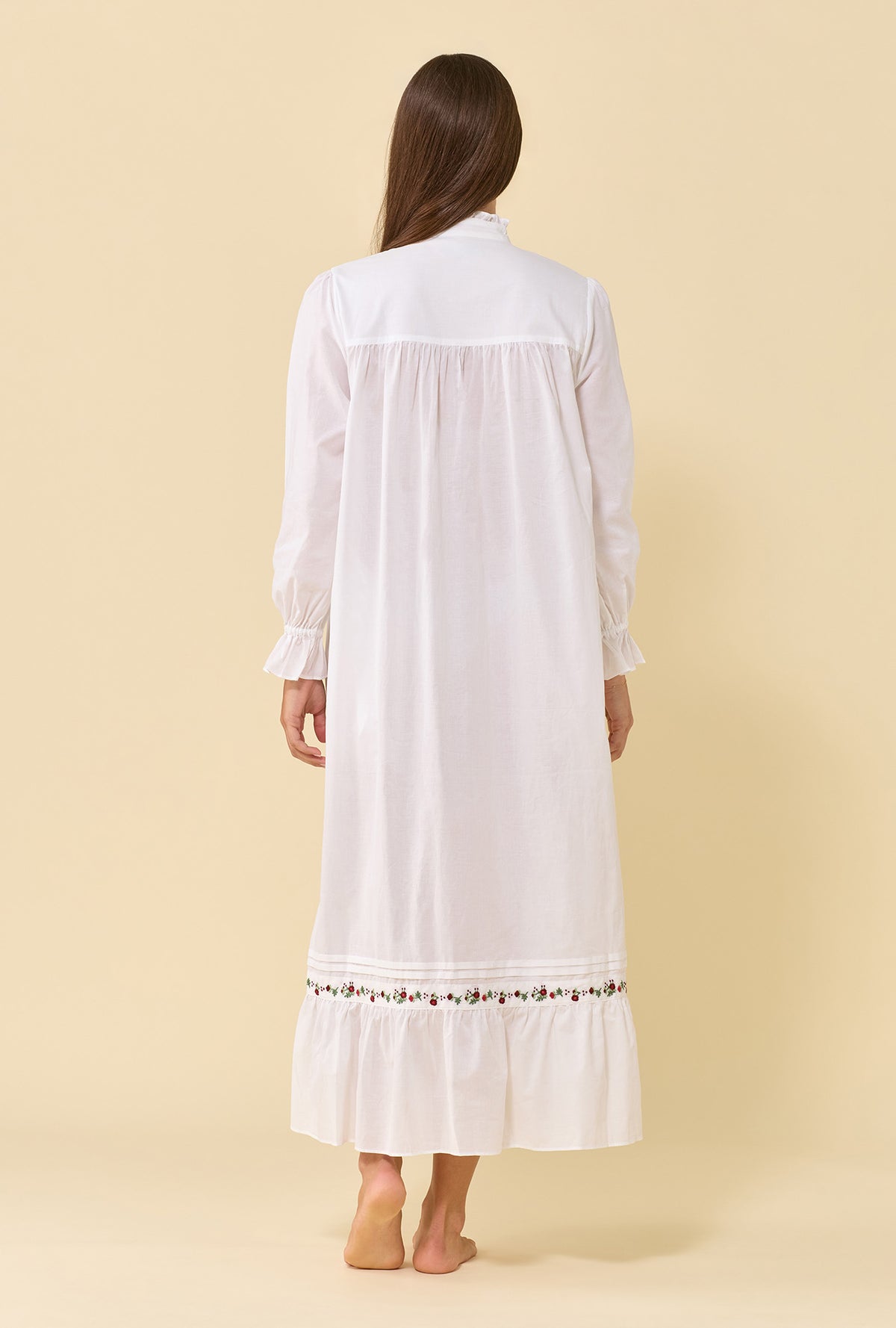 Soft White 100% Cotton Woven Lawn Rosevine Embroidered High Neck Long Sleeve Ballet Nightgown