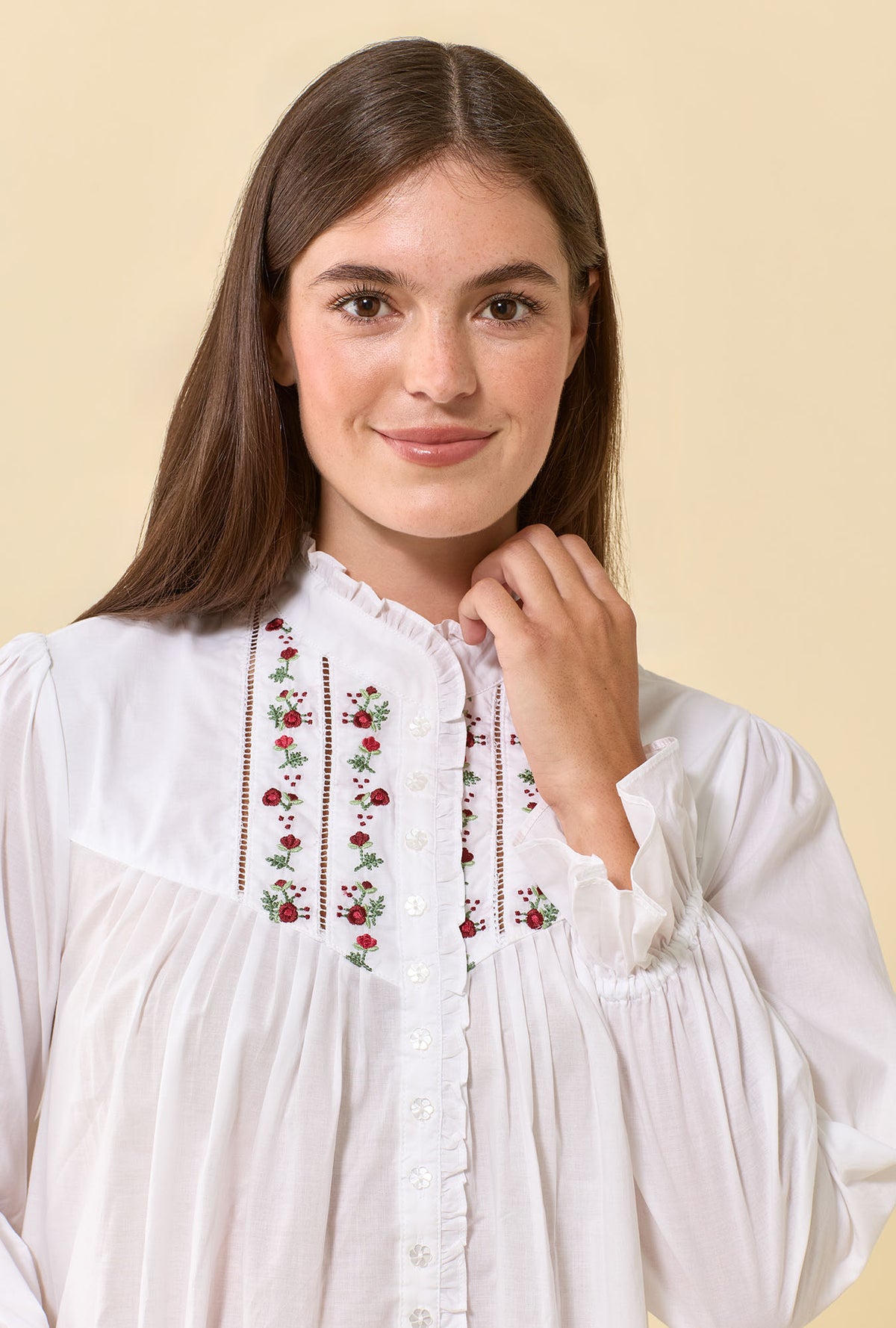 Soft White 100% Cotton Woven Lawn Rosevine Embroidered High Neck Long Sleeve Ballet Nightgown