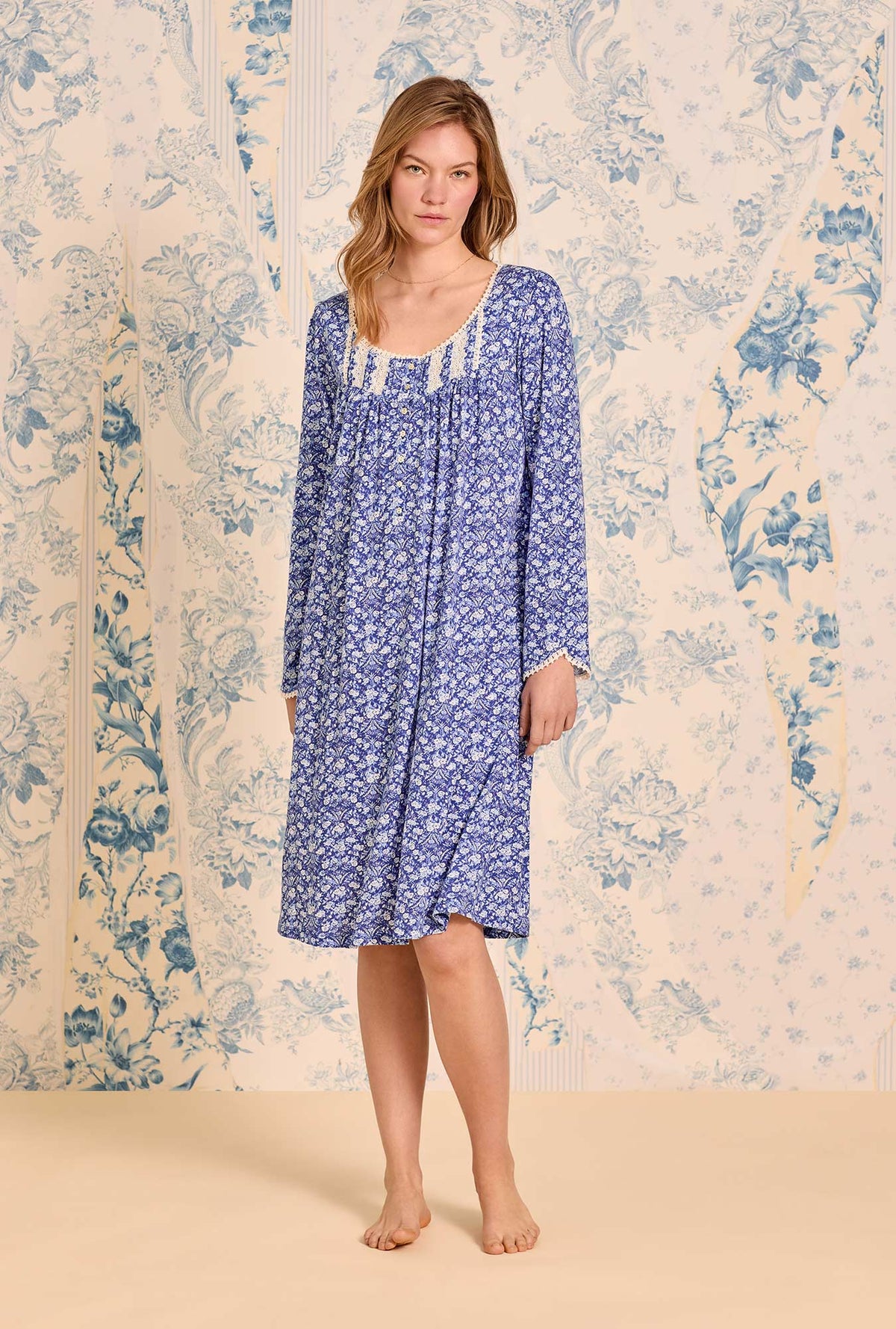 a lady wearing Bluebriar Cotton Modal Long Sleeve Waltz Nightgown
