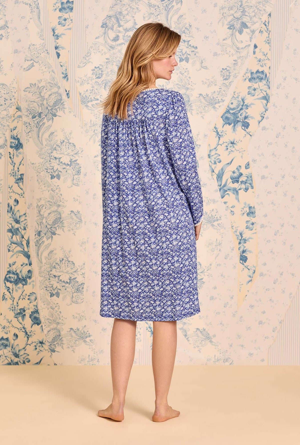 a lady wearing Bluebriar Cotton Modal Long Sleeve Waltz Nightgown
