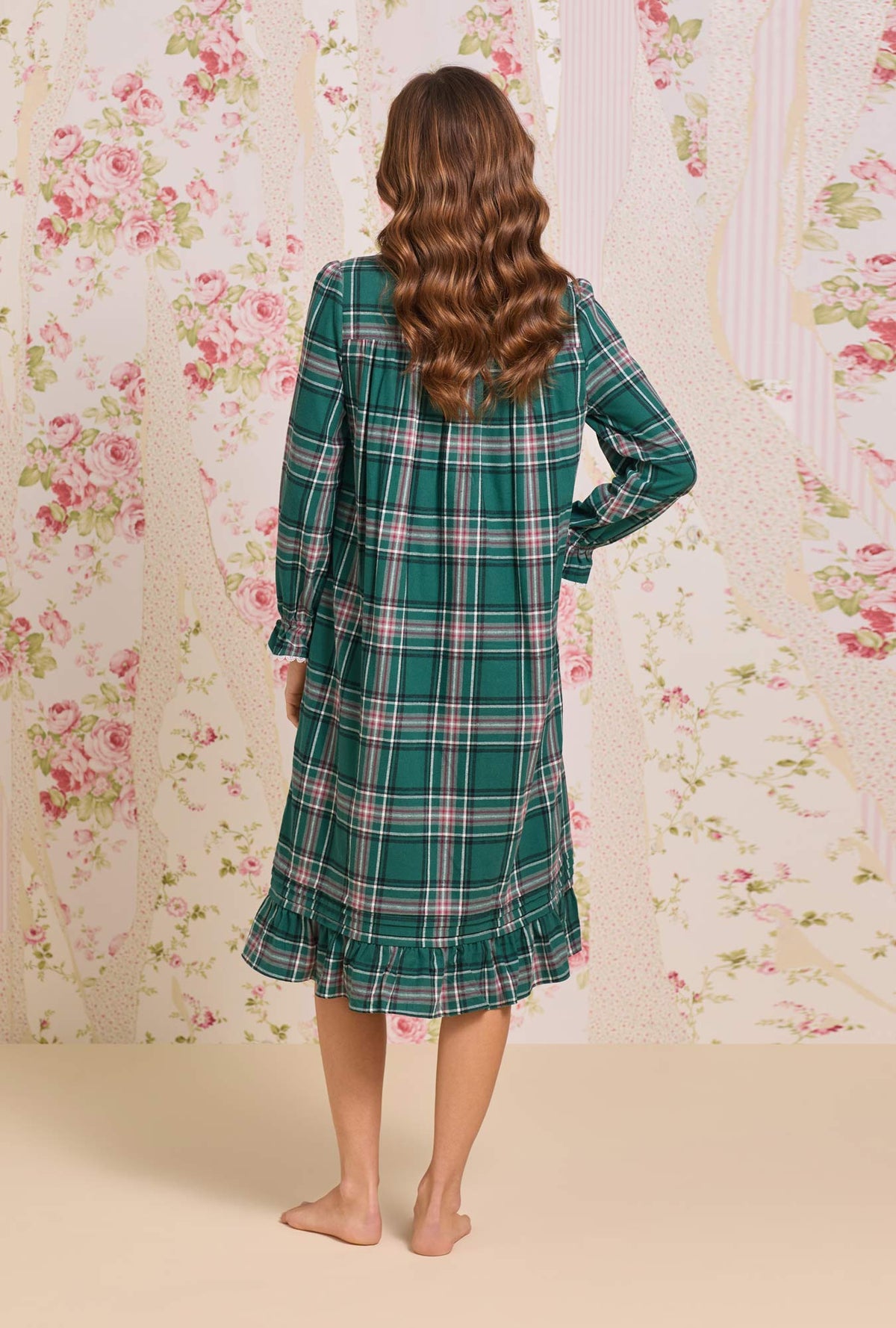 Evergreen Plaid Cotton Flannel Long Sleeve Waltz Nightgown