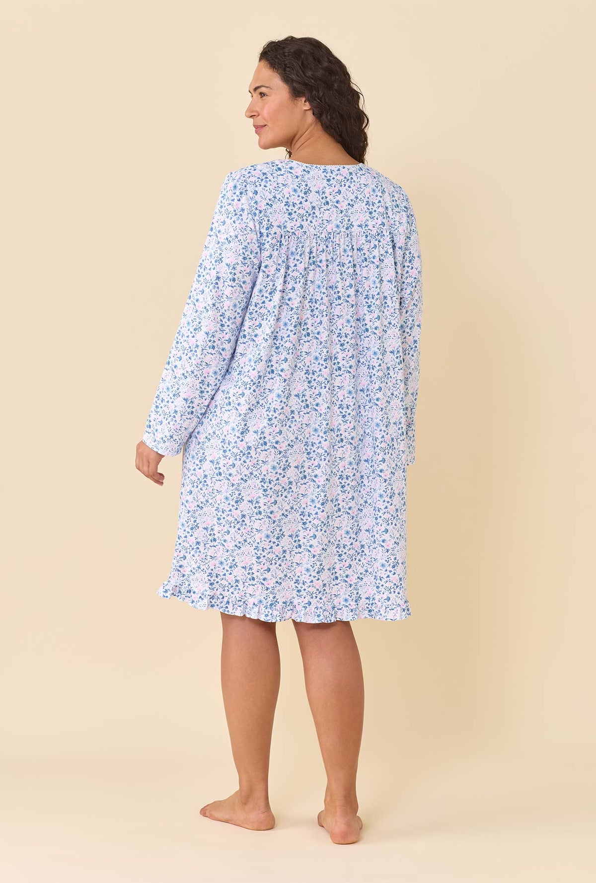 A lady wearing plus size Rosette 100% Cotton Jersey Knit Long Sleeve Chemise back view