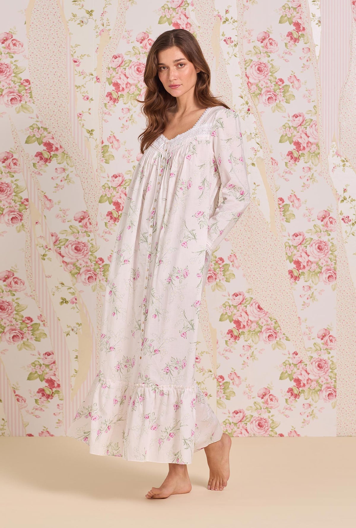 A lady wearing Blush Bouquet Cotton Lawn Button Front Robe looking Side R