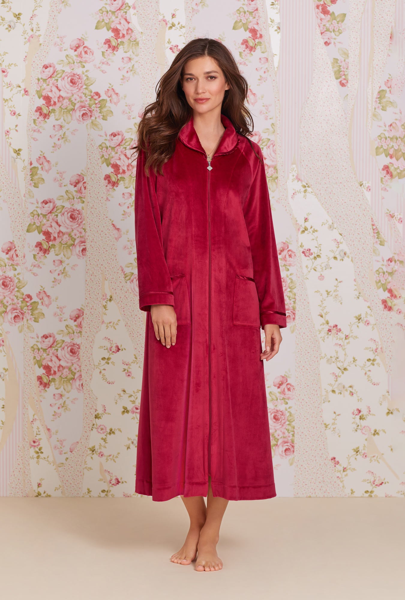 A lady wearing Lux Velour Long Zip Robe