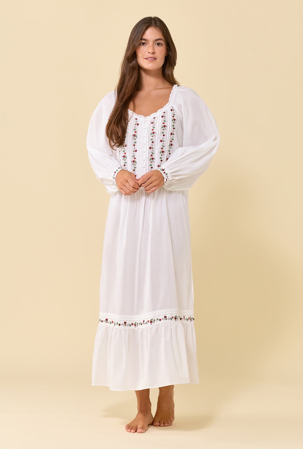 Noelle Soft White 100% Cotton Woven Lawn Rosevine Embroidered Long Sleeve Ballet Nightgown