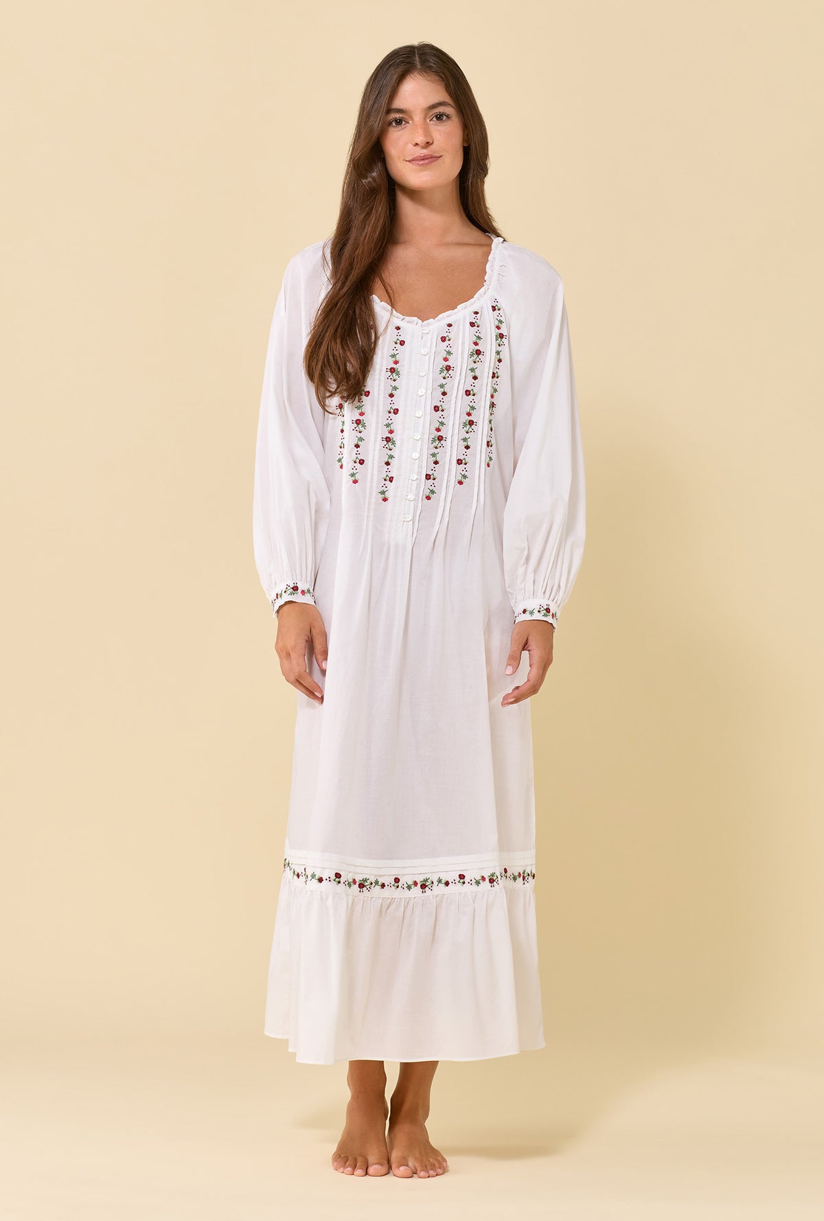 Noelle Soft White 100% Cotton Woven Lawn Rosevine Embroidered Long Sleeve Ballet Nightgown