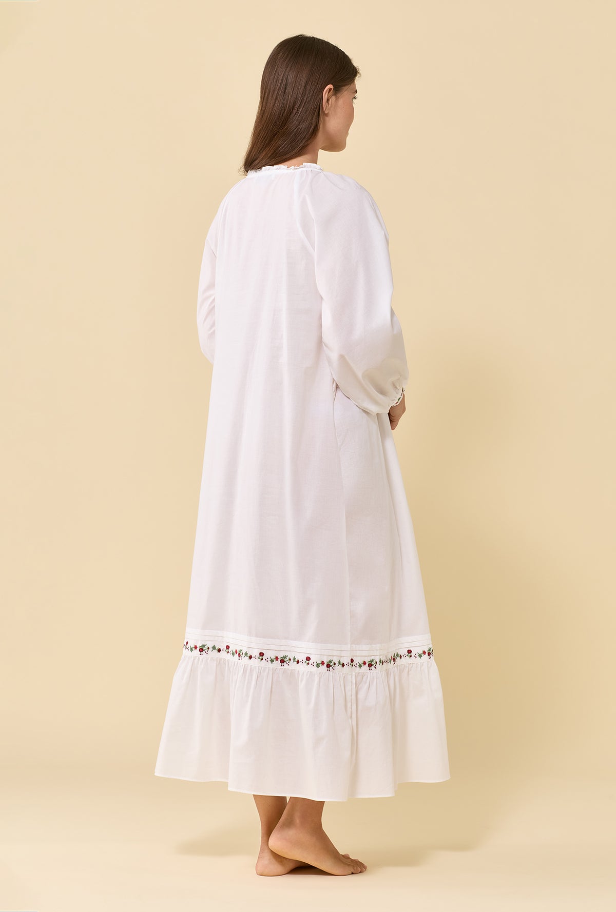 Noelle Soft White 100% Cotton Woven Lawn Rosevine Embroidered Long Sleeve Ballet Nightgown