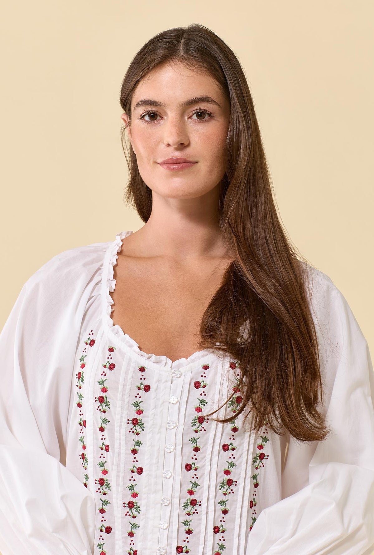 Noelle Soft White 100% Cotton Woven Lawn Rosevine Embroidered Long Sleeve Ballet Nightgown