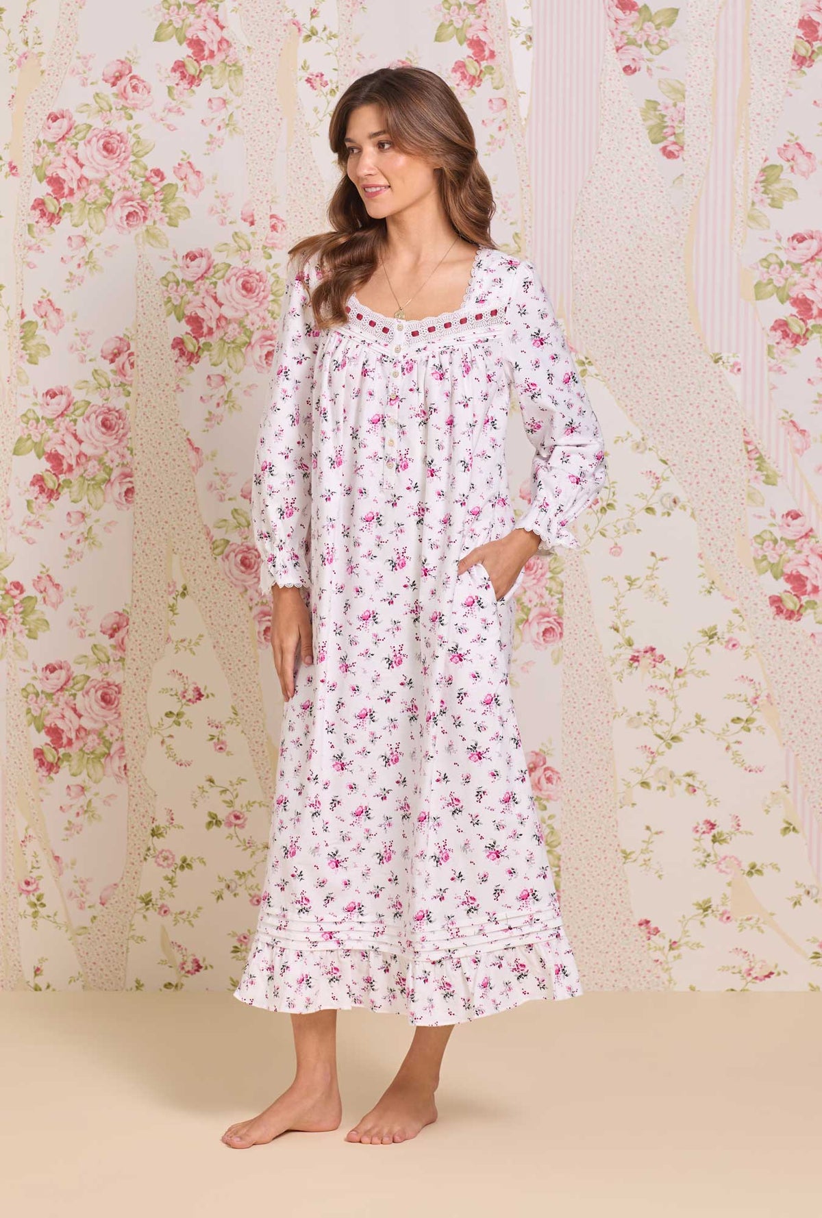 Winter Rosette Cotton Flannel Long Sleeve Ballet Nightgown