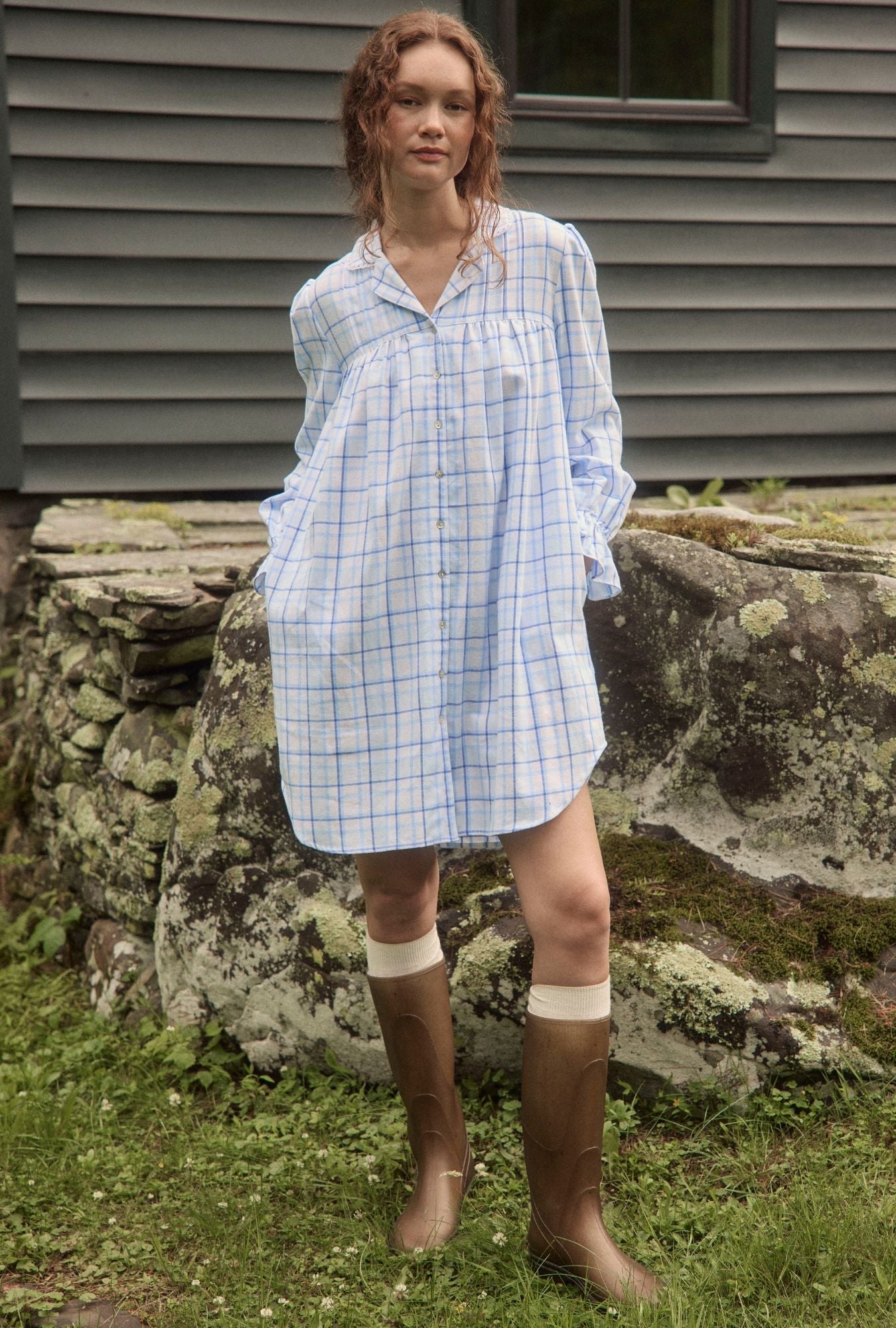 A lady wearing Vintage Plaid Cotton Flannel Nightshirt