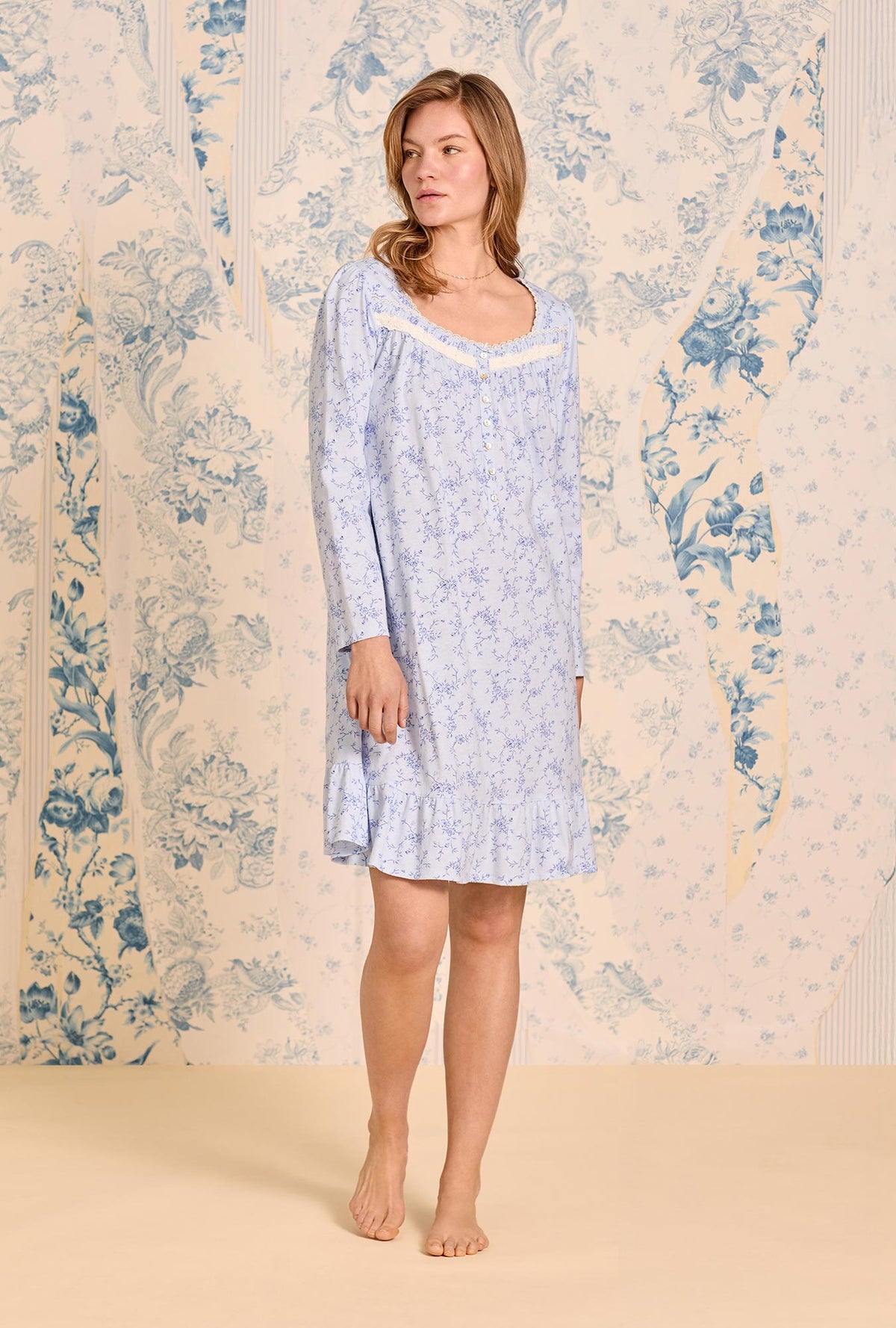 a lady wearing  Bluebell Scroll Cotton Knit Long Sleeve Chemise
