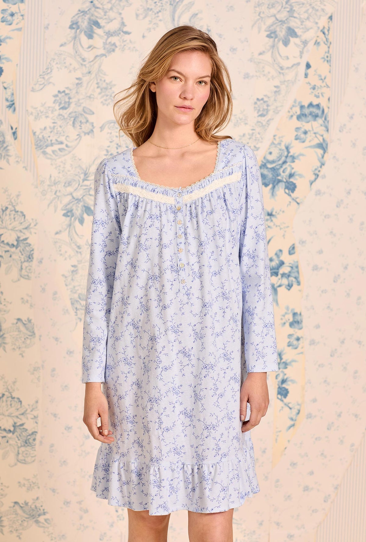 a lady wearing  Bluebell Scroll Cotton Knit Long Sleeve Chemise
