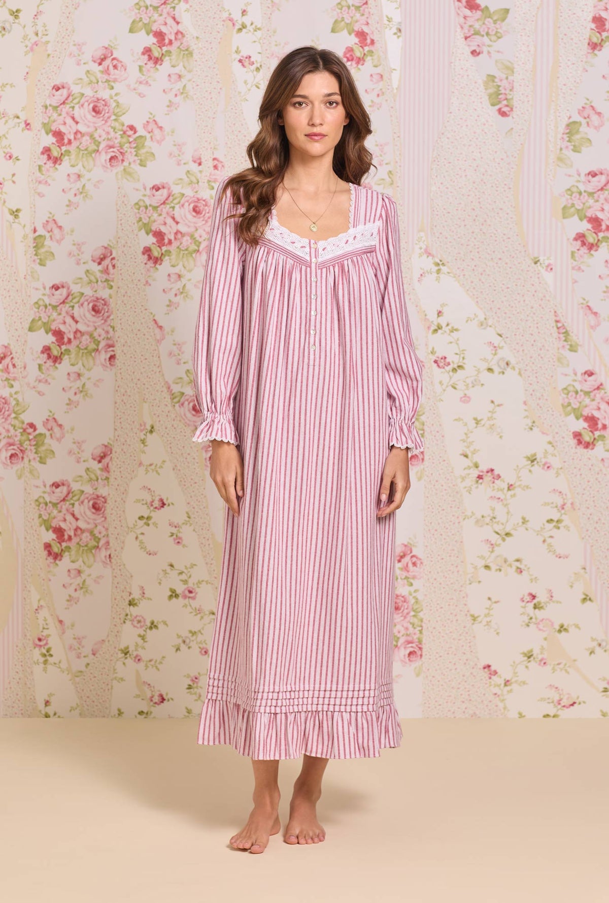 A lady wearing Hearth Stripe Cotton Flannel Long Sleeve Ballet Nightgown