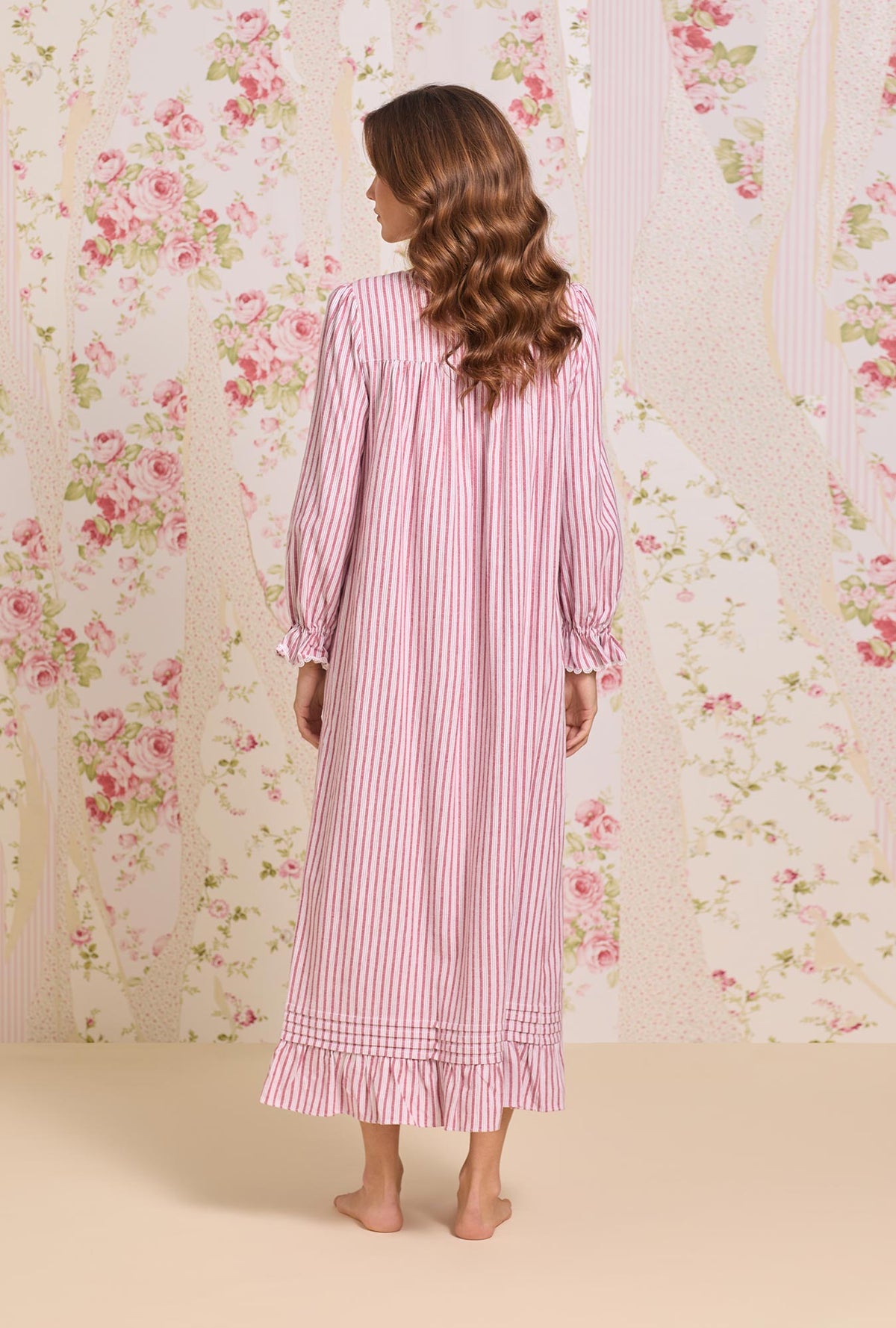 A lady wearing Hearth Stripe Cotton Flannel Long Sleeve Ballet Nightgown