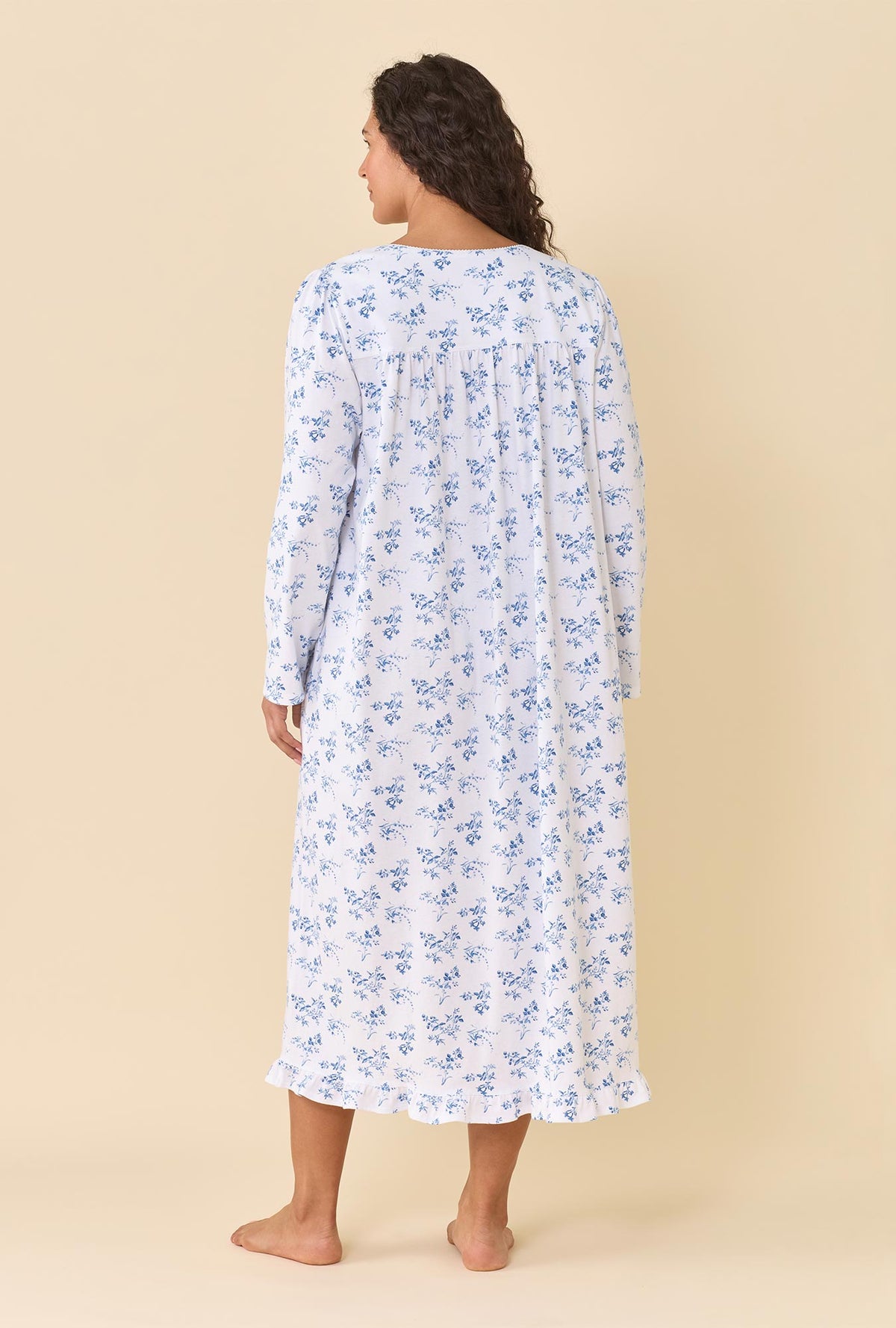 A lady wearing plus size Wild Aster 100% Cotton Jersey Knit Long Sleeve Ballet Nightgown back view