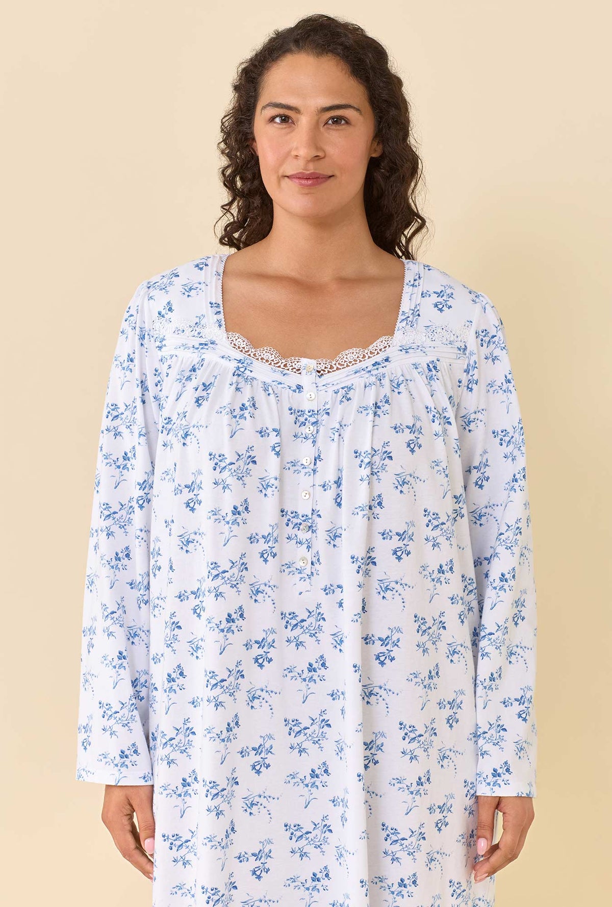 A lady wearing plus size Wild Aster 100% Cotton Jersey Knit Long Sleeve Ballet Nightgown closer look