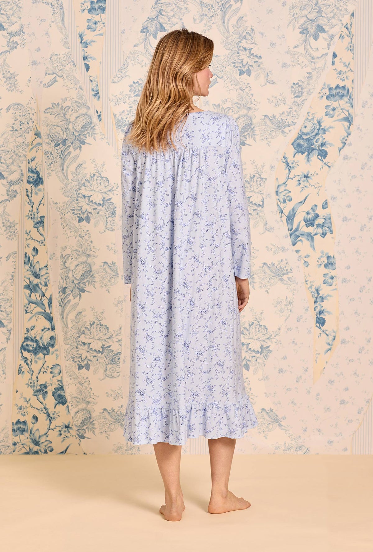 a lady wearing Bluebell Scroll Cotton Knit Long Sleeve Ballet Nightgown
