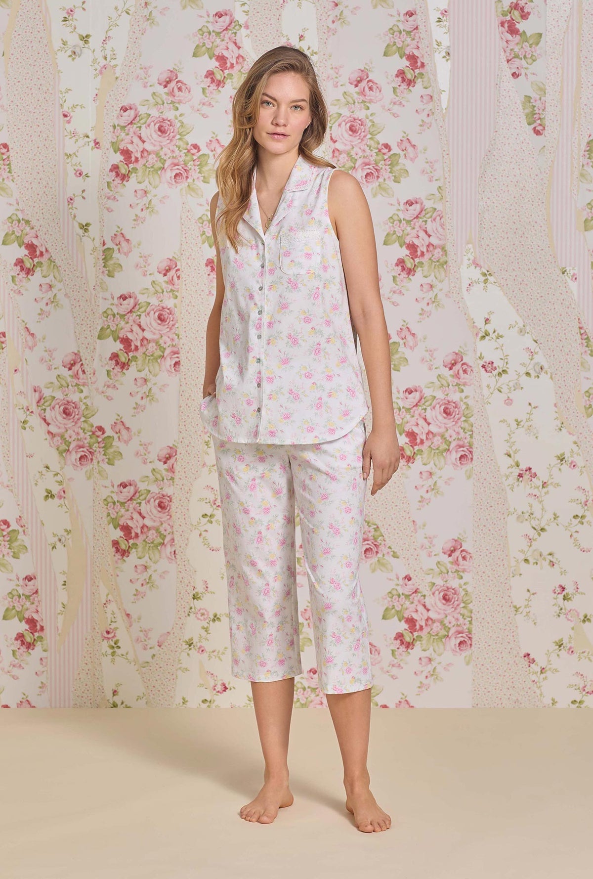 Sunlit Roses Cotton Knit Capri Pajama