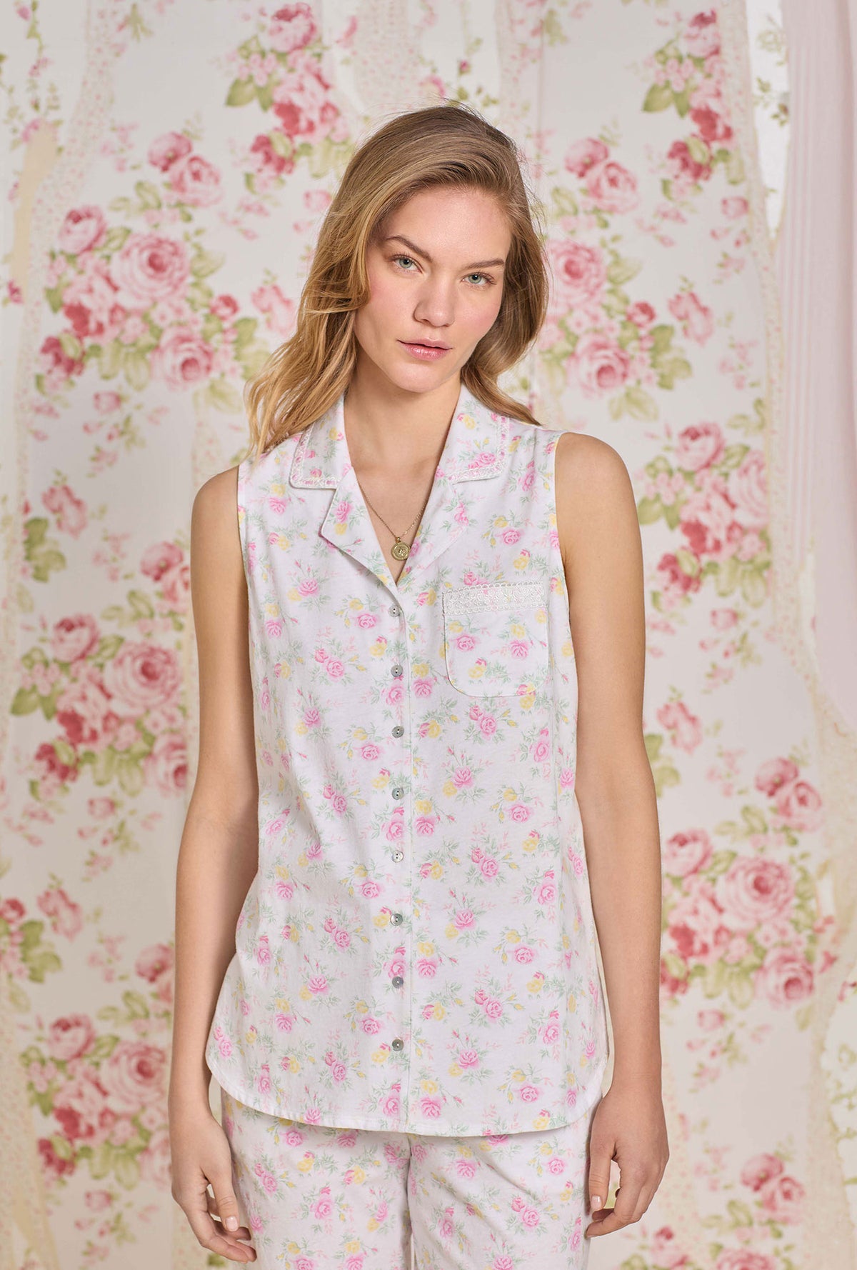Sunlit Roses Cotton Knit Capri Pajama