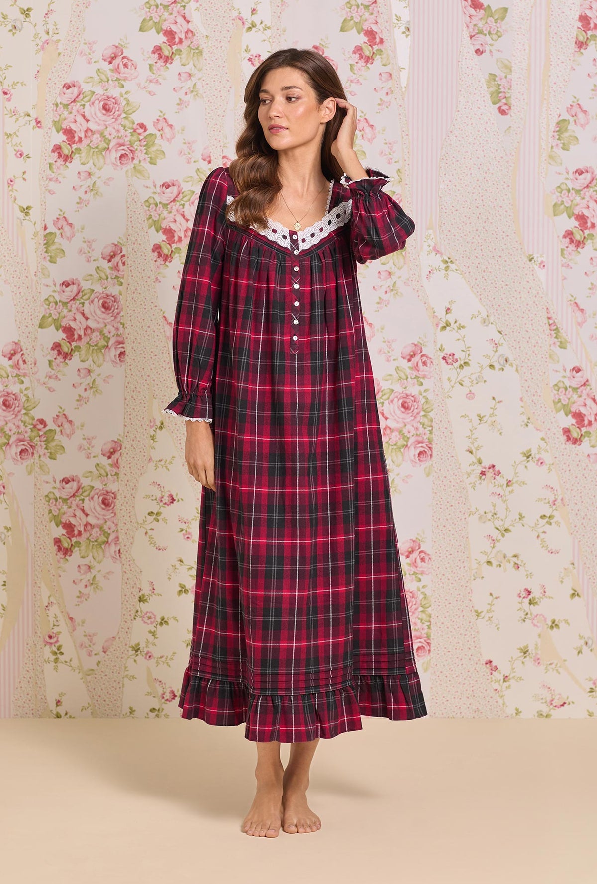 Victorian Holiday Plaid Cotton Flannel Long Sleeve Ballet Nightgown